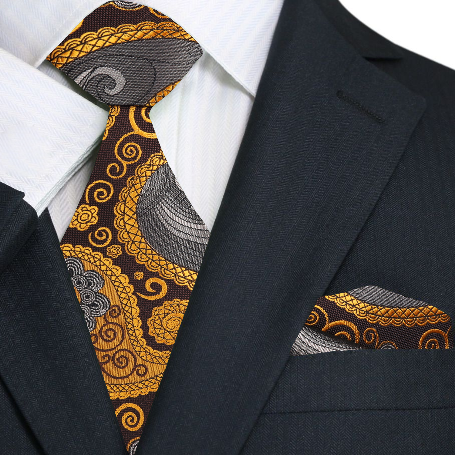 Elegant gold and brown paisley silk tie displayed against a white background.