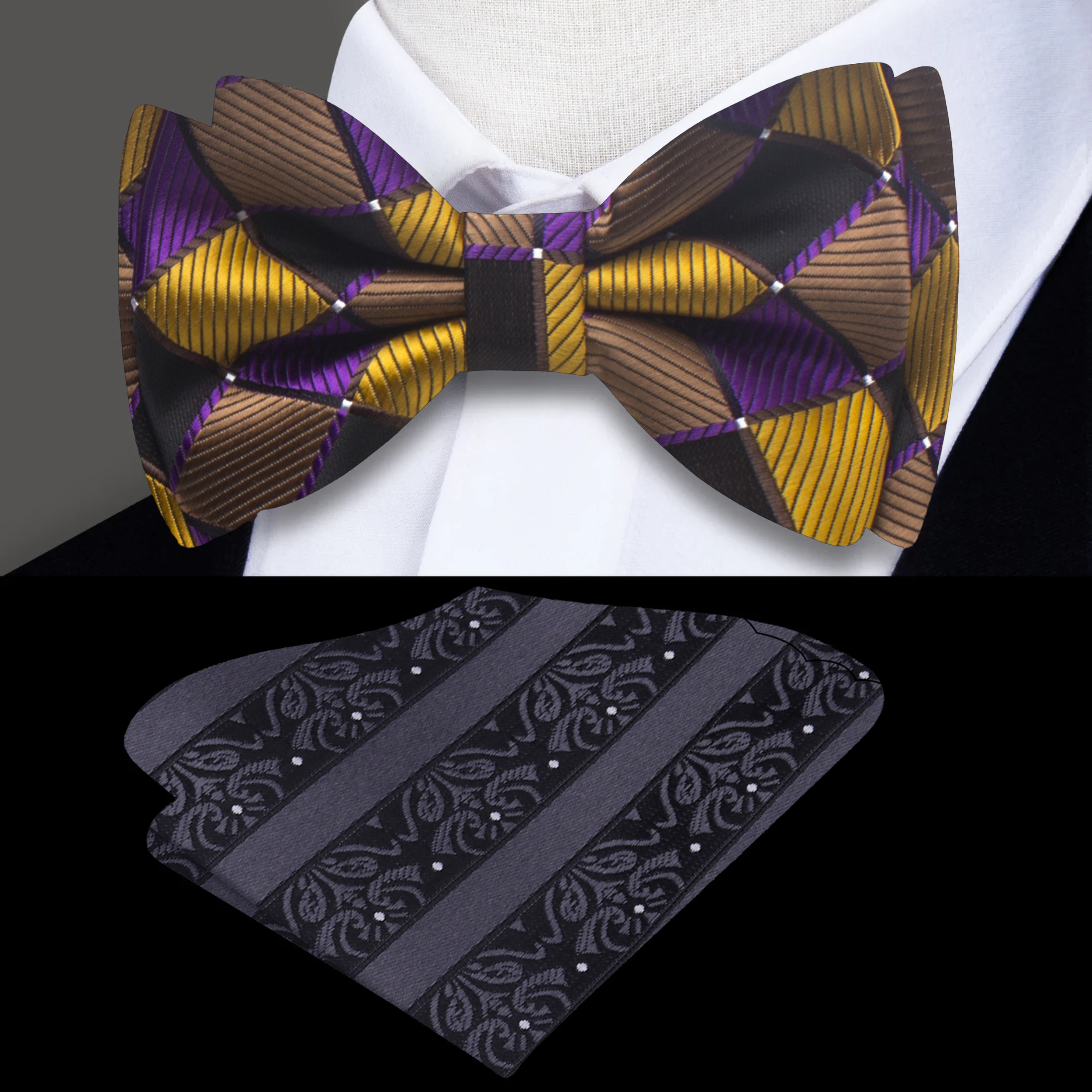 Elegant geometric bow tie showcasing rich gold, purple, and brown colors, perfect for formal wear.
