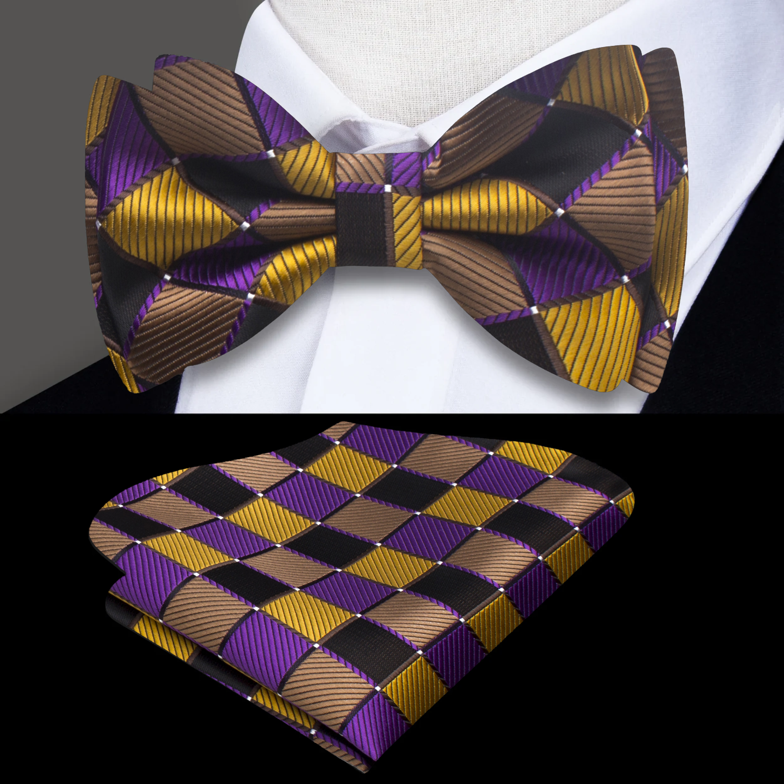 Close-up of geometric silk bow tie with matching pocket square, ideal for weddings and special occasions.