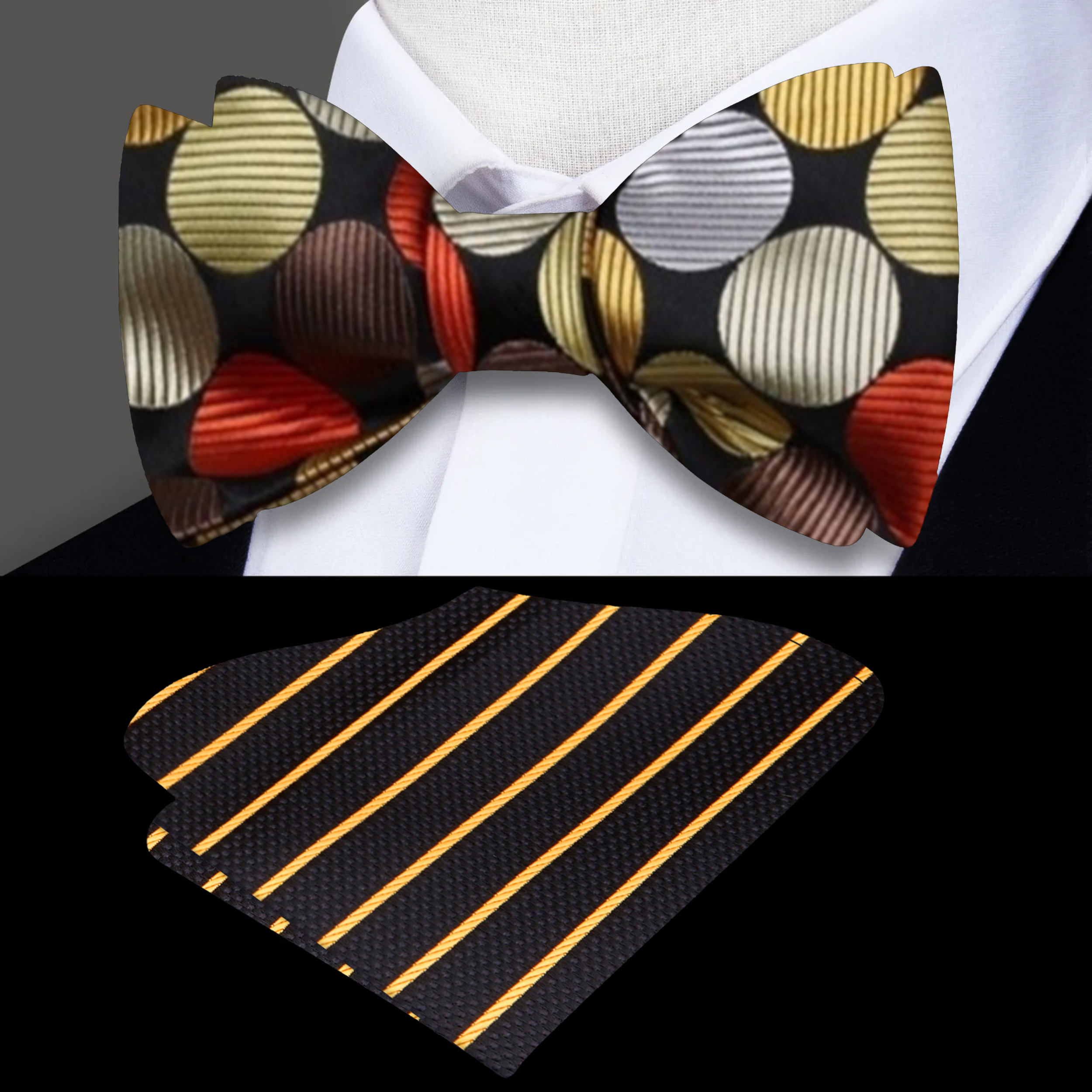 Model wearing the vibrant polka dot bow tie at a wedding, paired with a crisp white shirt.