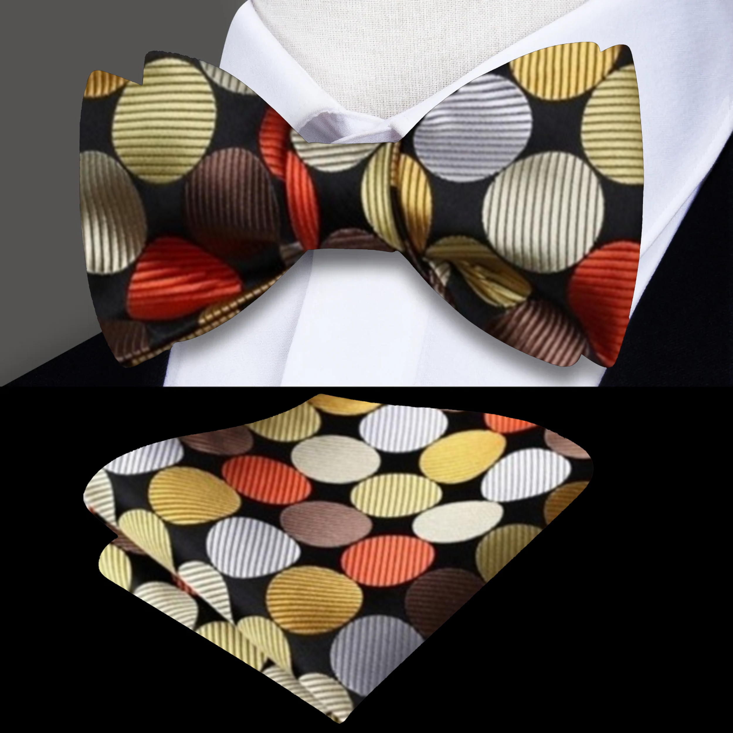 Close-up of the vibrant polka dot bow tie showcasing its silk texture and colors.