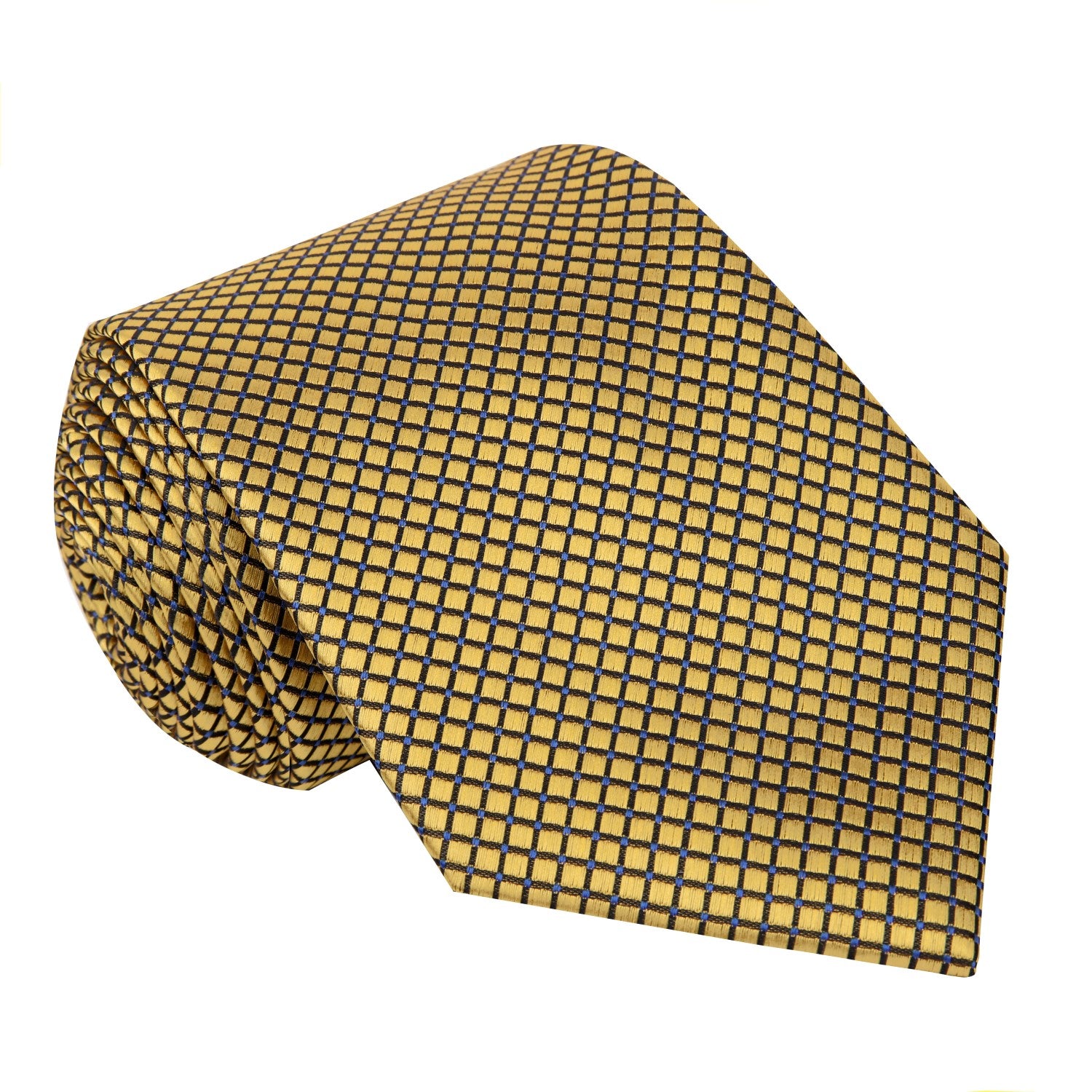 Close-up of the kids gold silk necktie and pocket square set against a white background