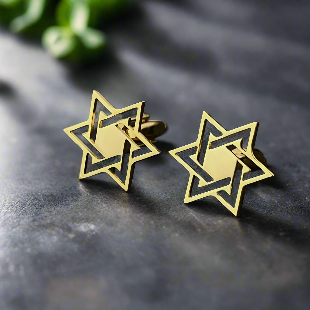 Close-up of high-quality star of David jewelry cufflinks with detailed craftsmanship