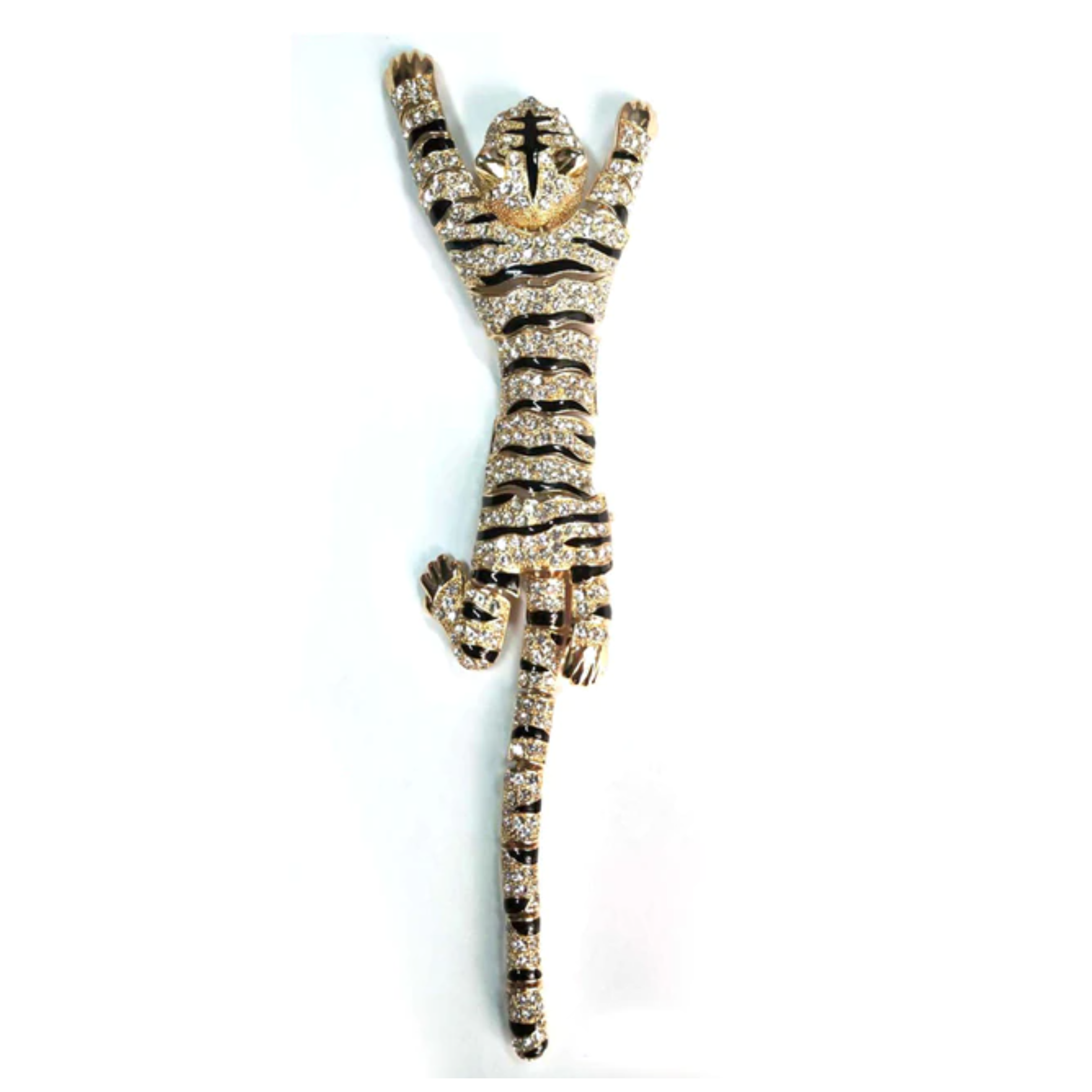 Silver version of the Majestic Tiger Shoulder Lapel Pin displayed on a casual blazer, demonstrating versatility.
