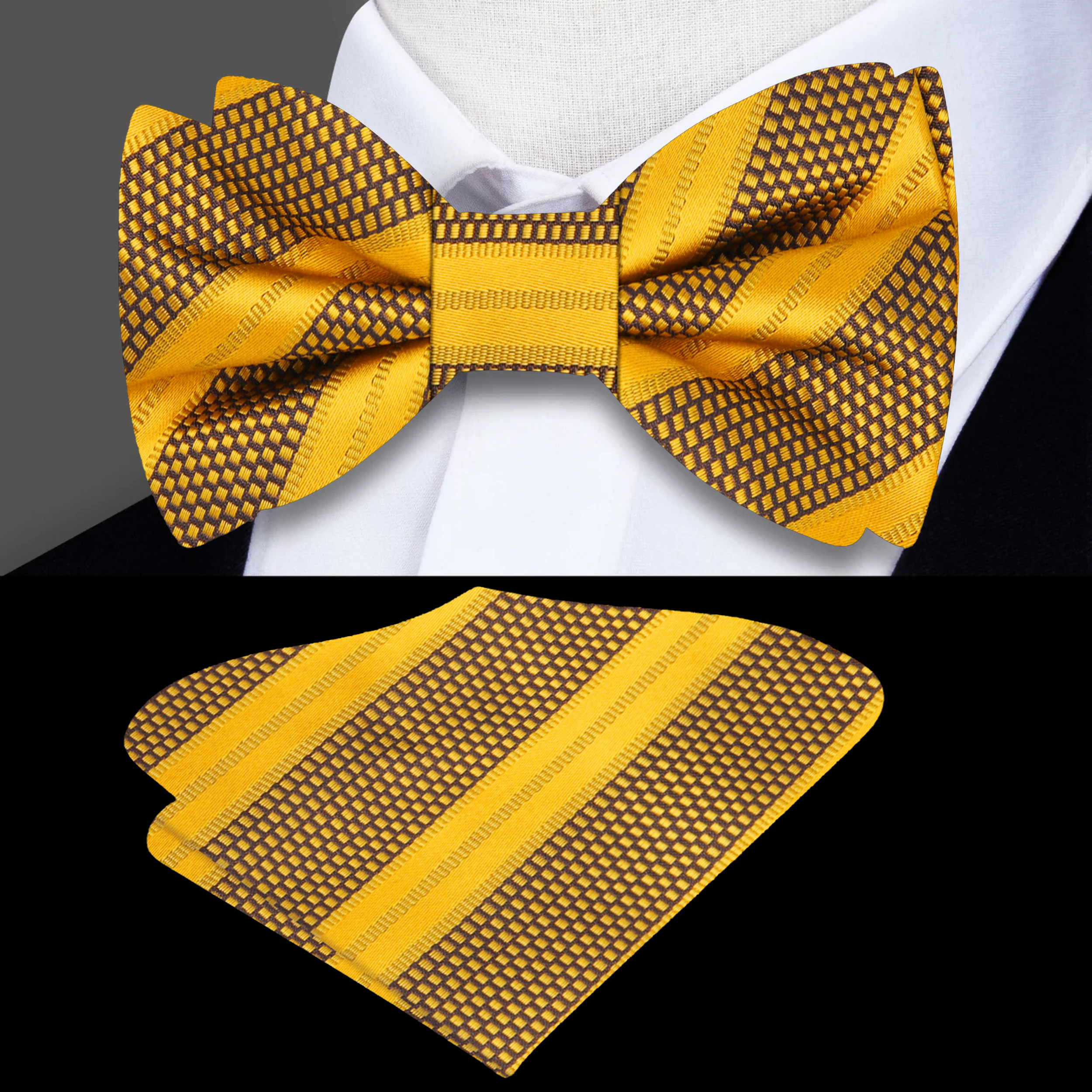 Front view of a stylish silk striped bow tie on a white background, highlighting its vibrant colors