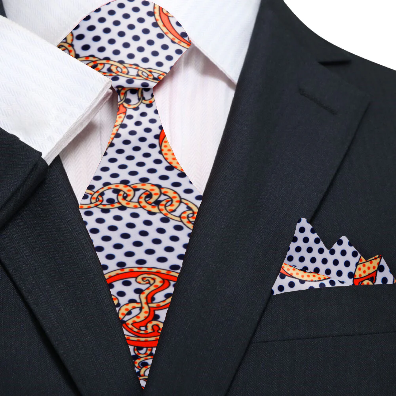 Front view of Yardley silk tie with polka dots and eclectic pattern