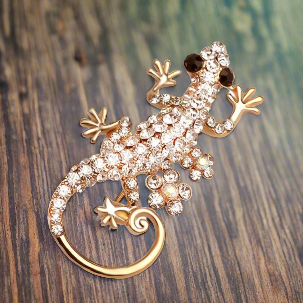 Stylish animal lapel pin with gemstones on a formal suit jacket