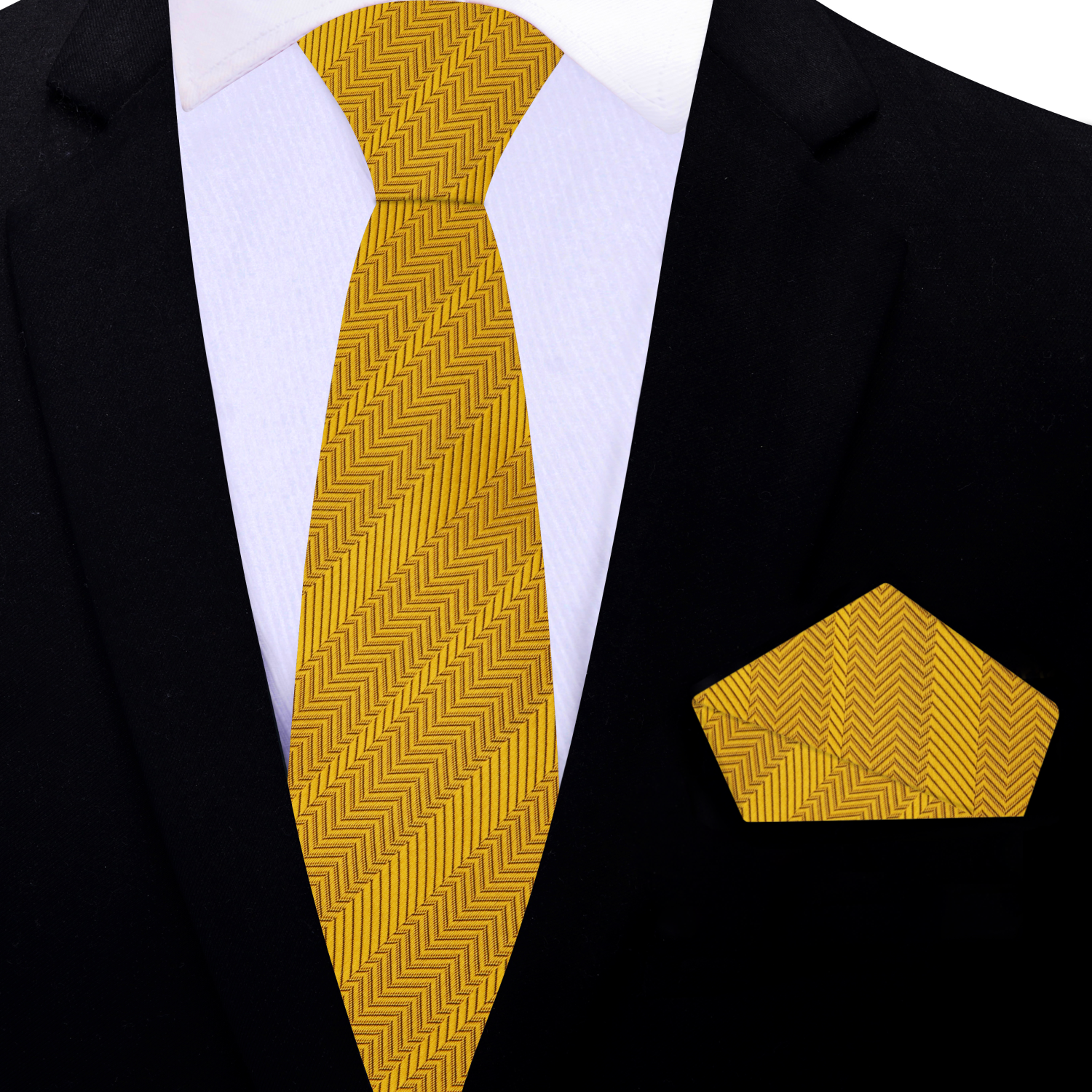 Stylish amber tie worn with a dark navy suit, showcasing a professional look.