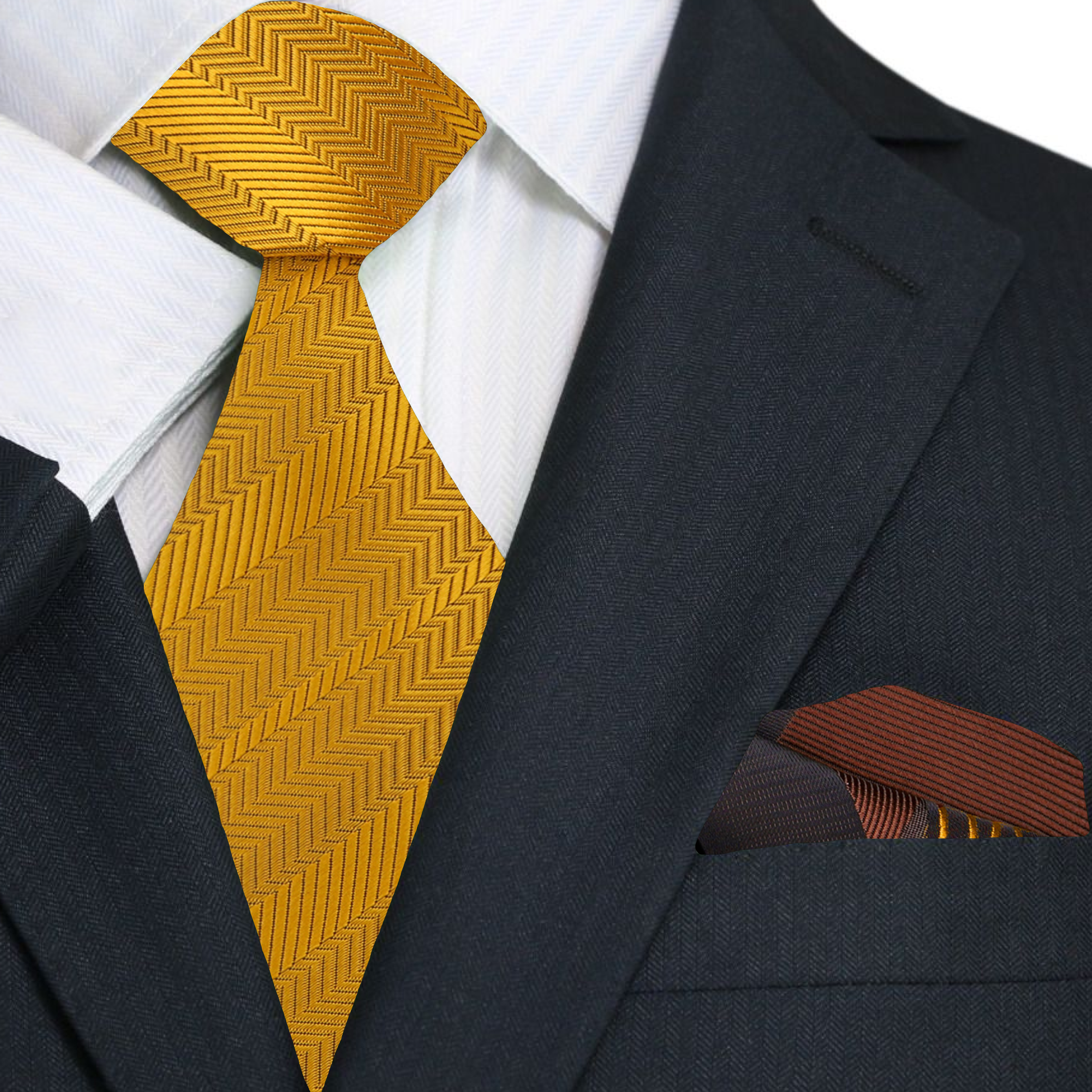 Golden amber tie paired with a crisp white dress shirt, ideal for formal settings.