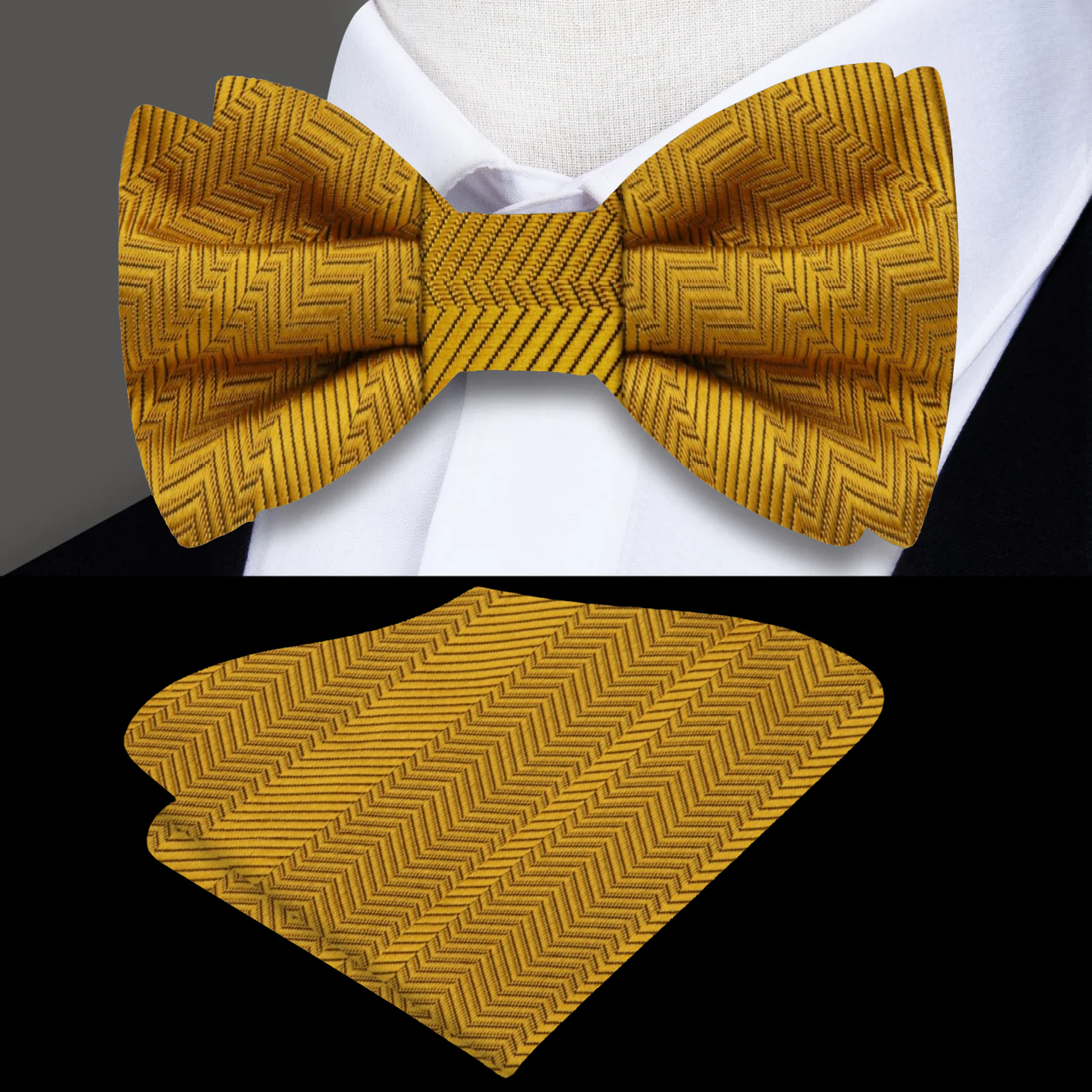 Yellow bow tie paired with a classic white dress shirt, ideal for weddings.