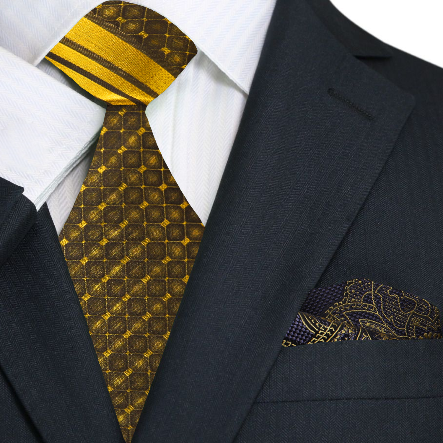 Elegant gold check pattern silk tie draped over a white shirt for formal occasions