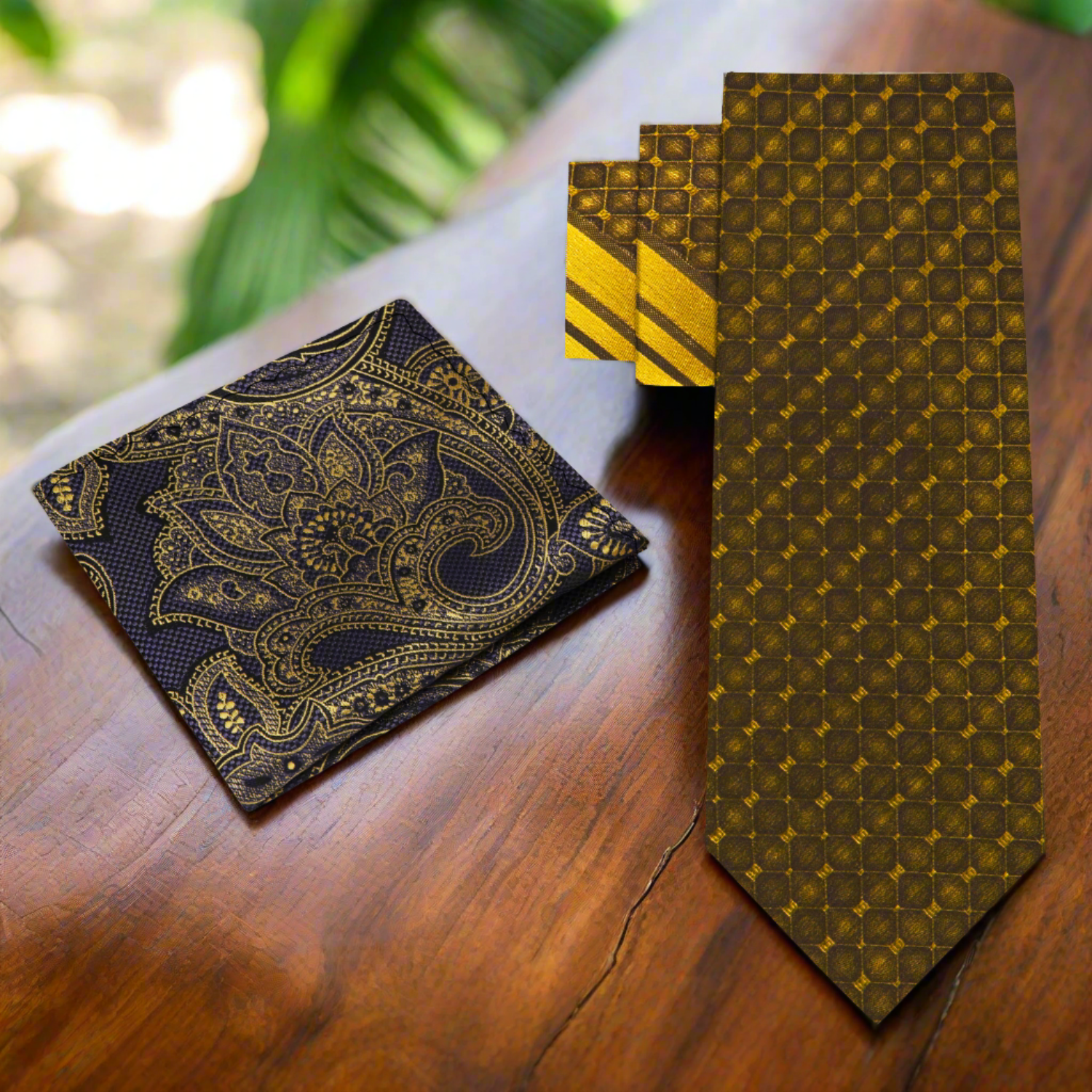 Mens gold stripe tie paired with a navy dress shirt and suit for a wedding
