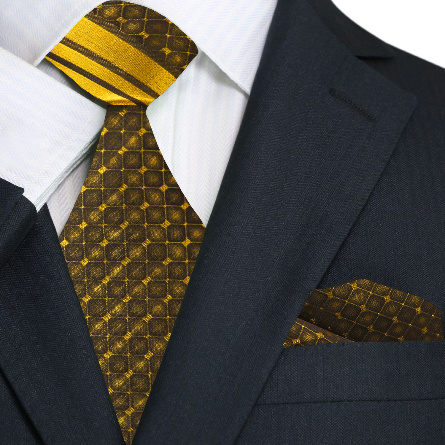Close-up of a top-rated gold check pattern silk necktie highlighting its luxurious fabric and design
