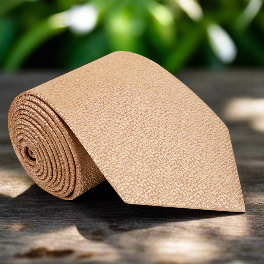 Elegant textured silk necktie in gold, styled with a navy suit for a wedding.