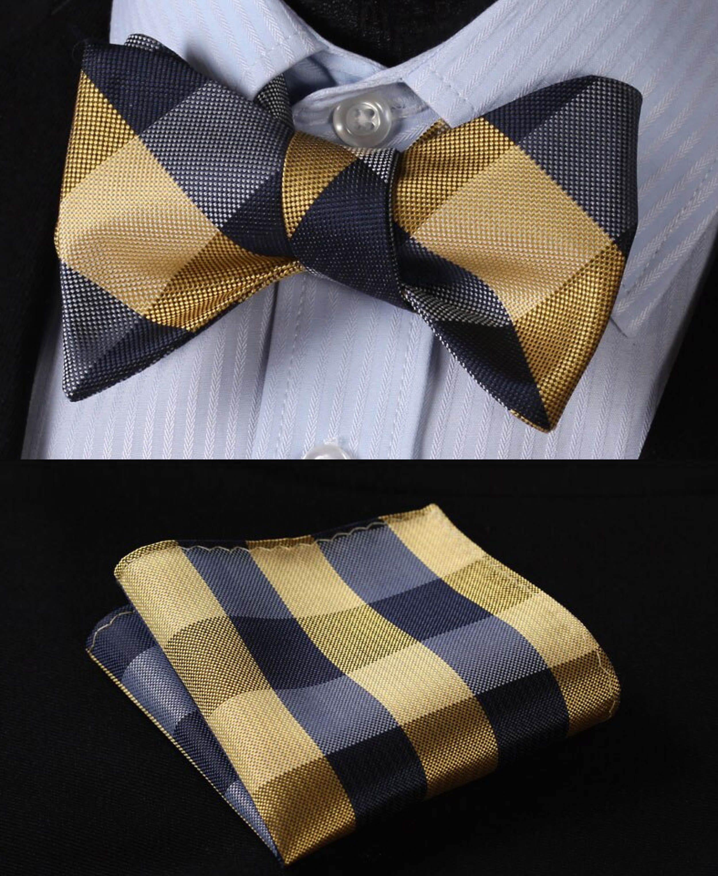 Fashionable man wearing a plaid bow tie with a shirt and blazer, ideal for evening outings
