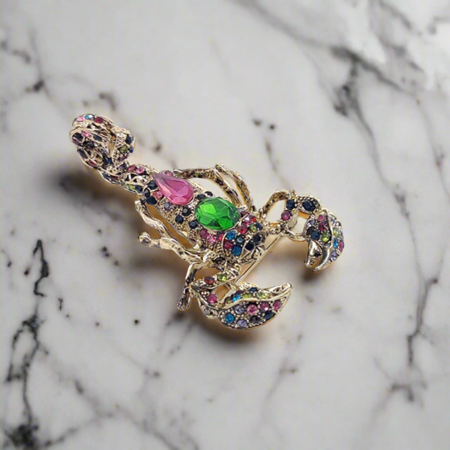 Front view of a gemstone exotic animal lapel pin with lion design, showcasing intricate detail and sparkling gemstones
