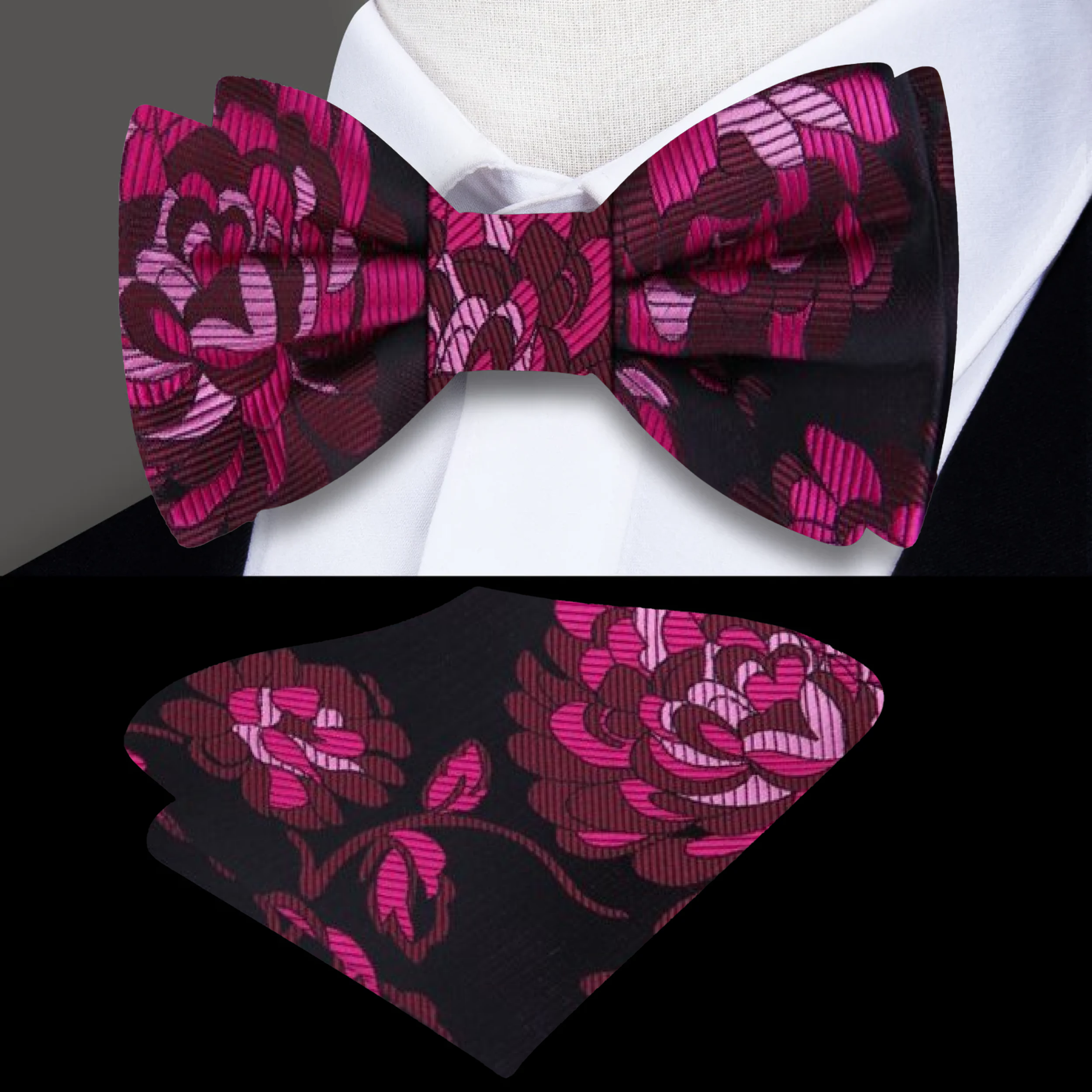 Elegant pink floral silk bow tie displayed against a soft background, showcasing its intricate pattern.