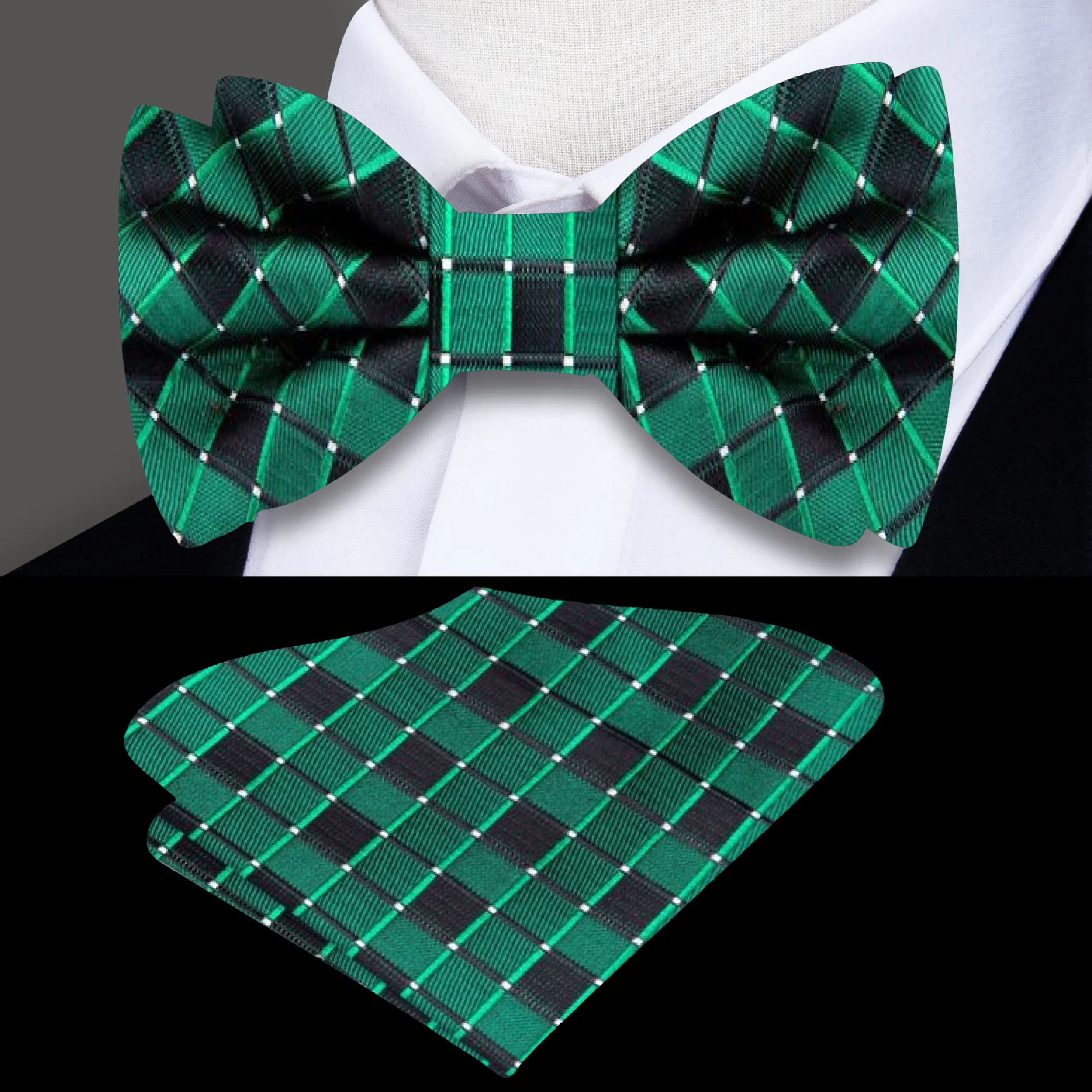 Green silk self tie bow tie laid flat to show texture and craftsmanship