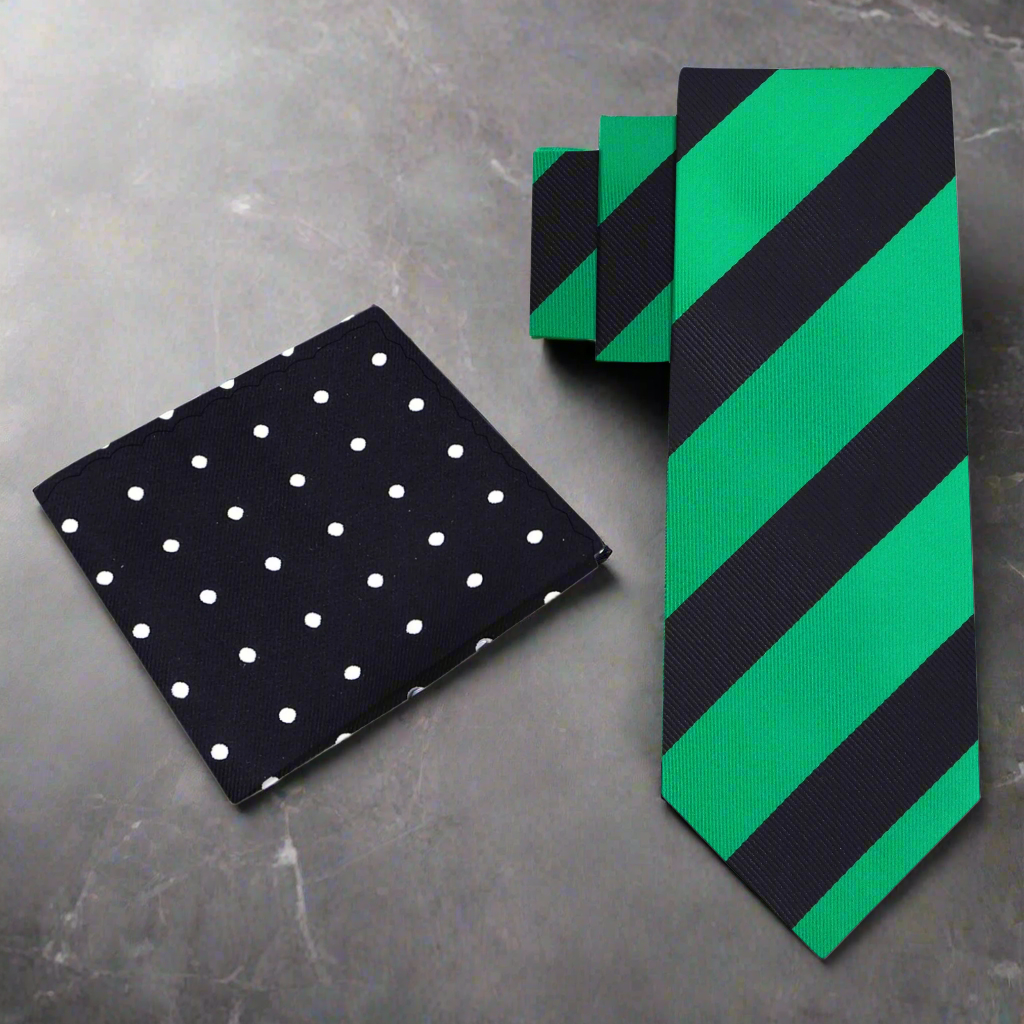 Front view of green and black stripe mens necktie hanging neatly