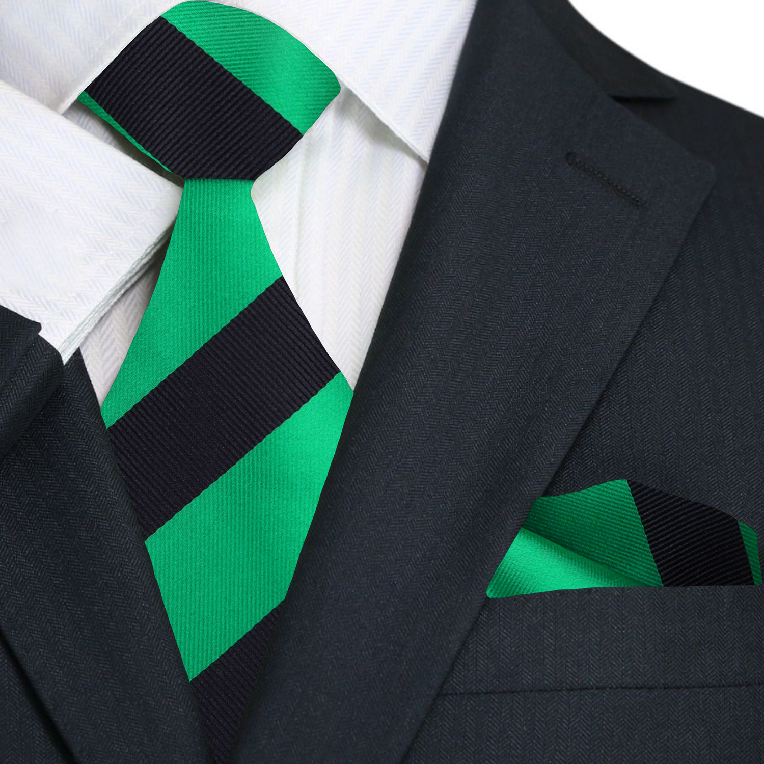 Styled outfit with a mens stripe necktie paired with a white dress shirt and suit