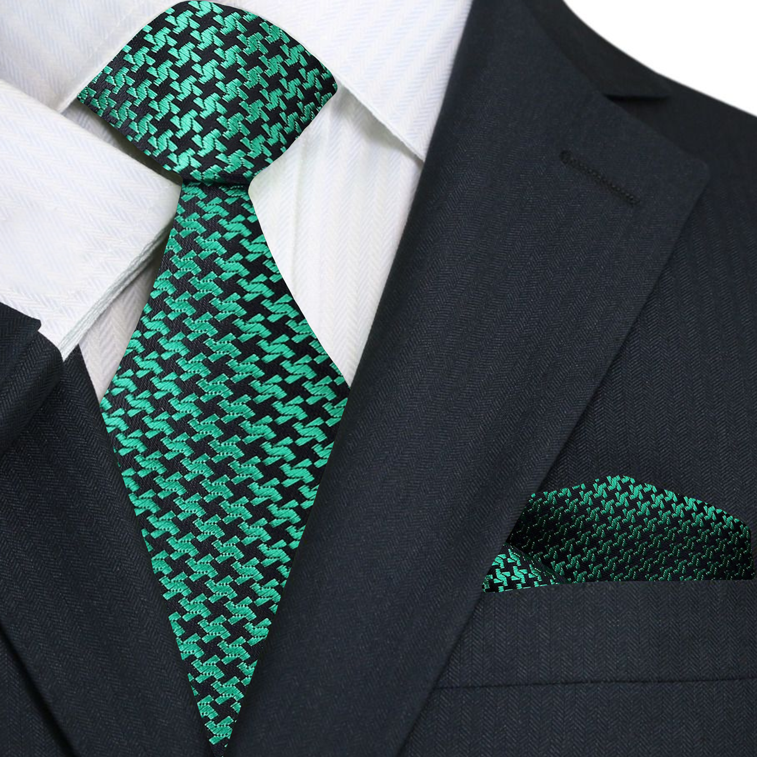 Front view of a mens green and black houndstooth silk necktie, perfect for formal occasions