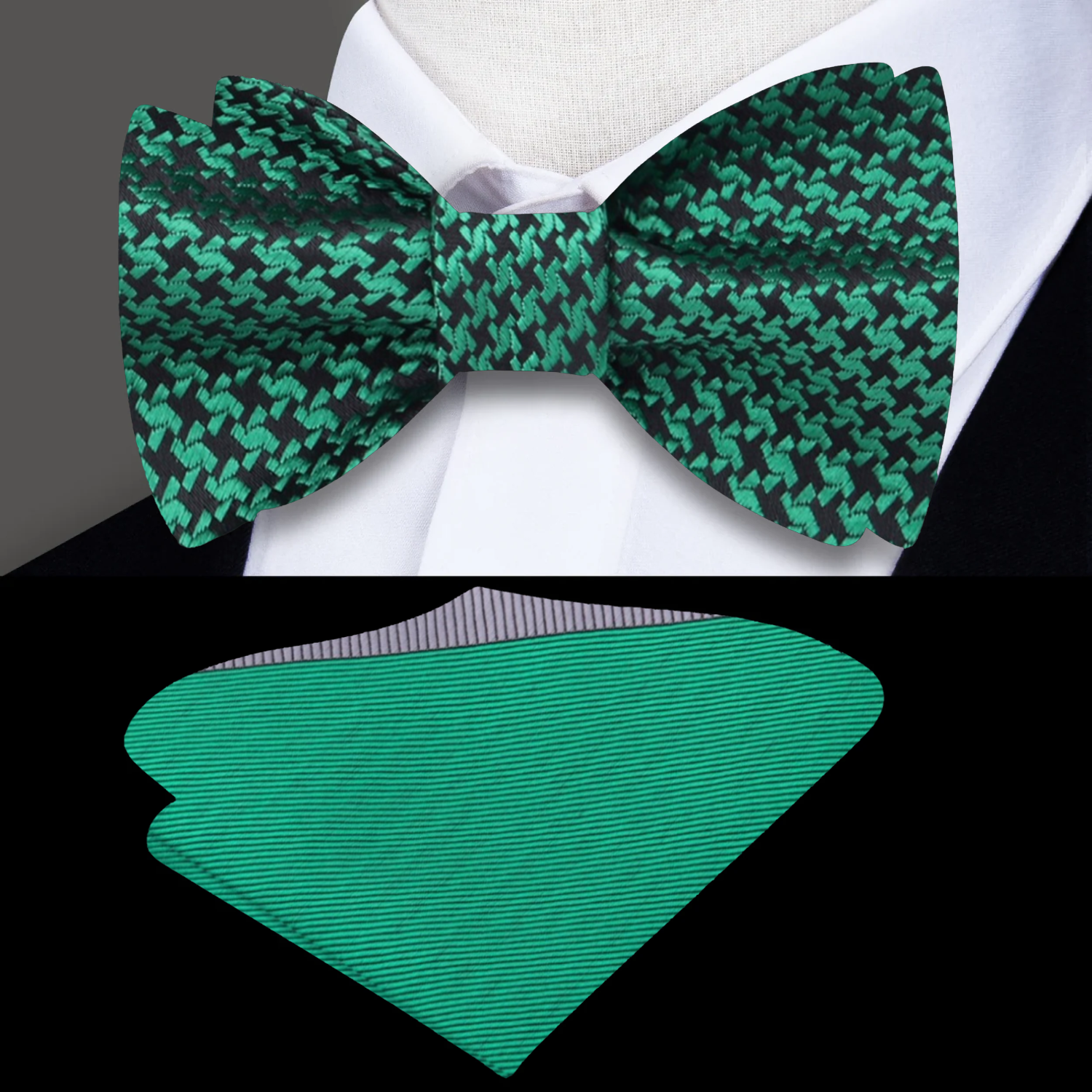 Pre-tied black houndstooth silk bow tie with matching pocket square for upscale gatherings
