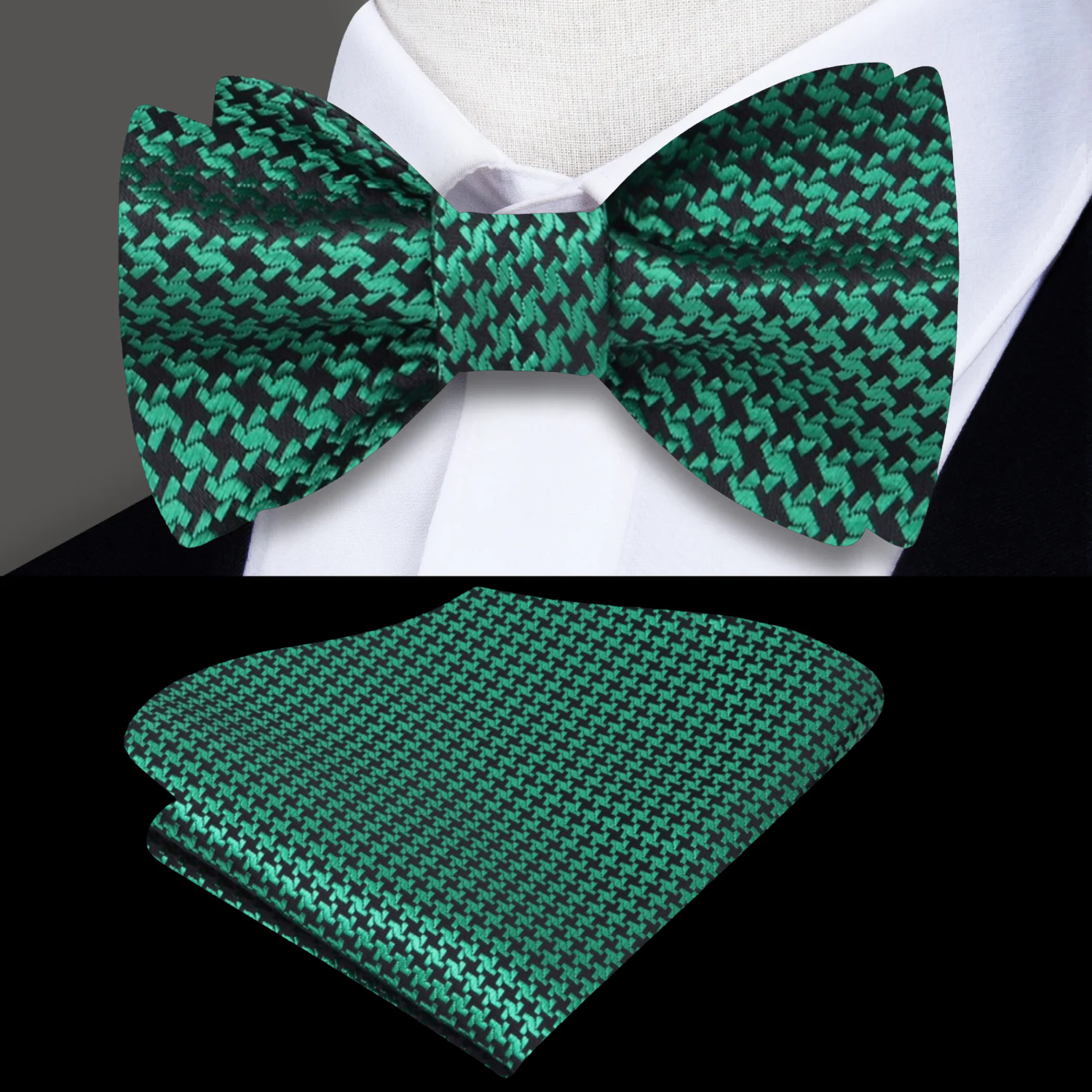 Close-up of a red houndstooth silk bow tie on a dress shirt for formal events