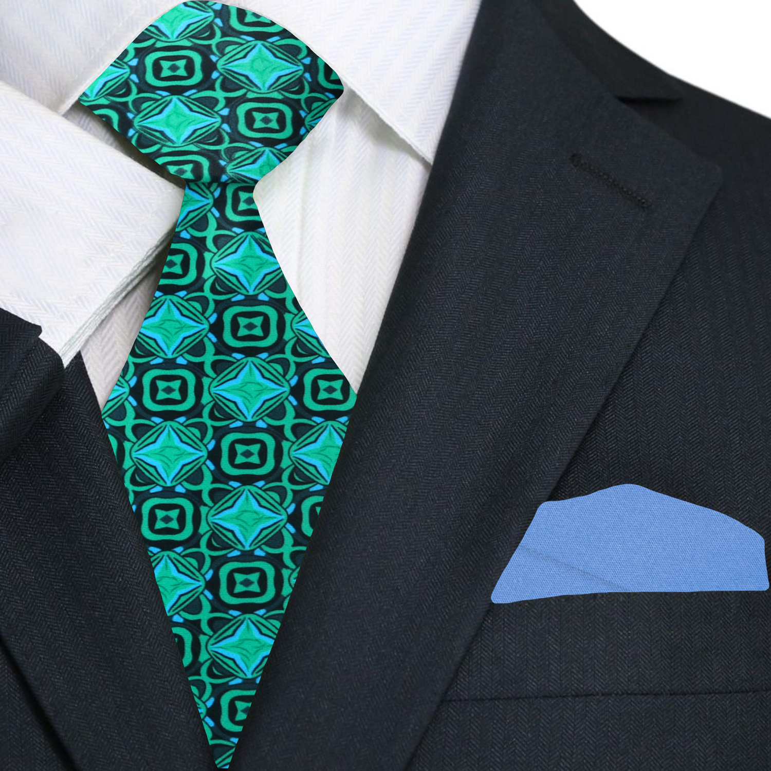Front view of the green geometric silk necktie with vibrant pattern