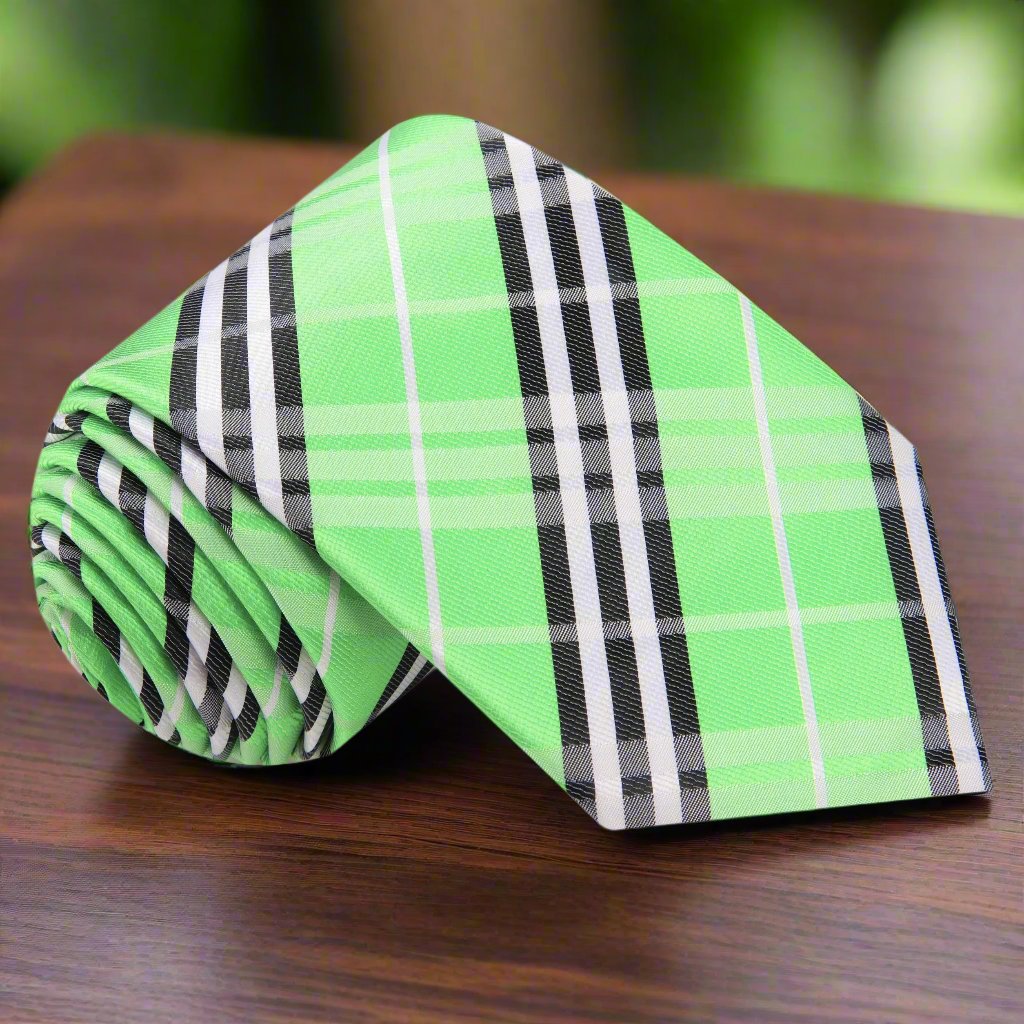 Close-up of the green plaid silk necktie showcasing its vibrant colors and texture.