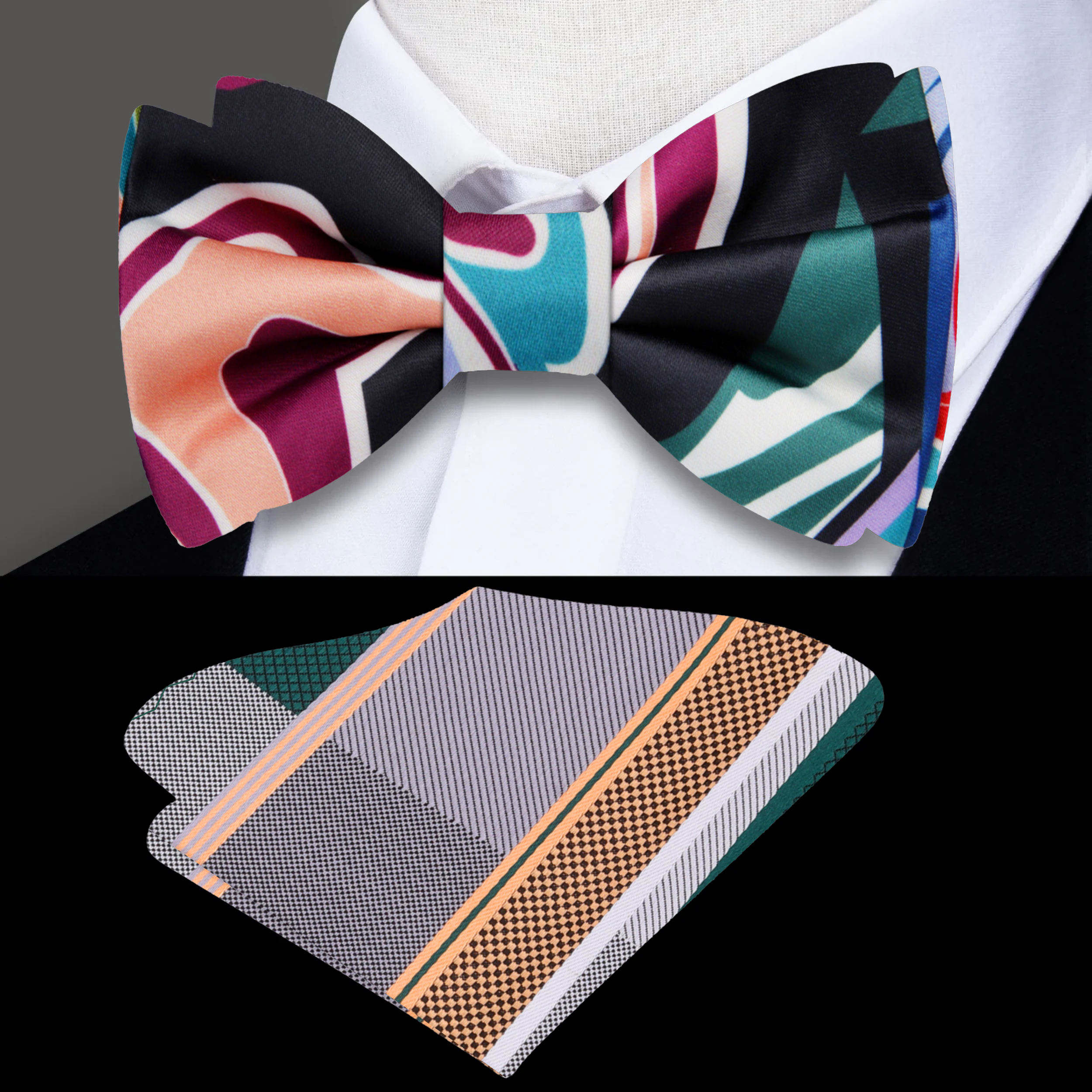 Front view of vibrant abstract silk bow tie in mixed colors.
