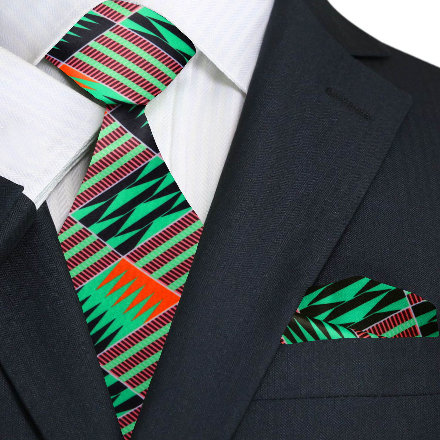 Close-up of Kente Elegance Necktie showcasing its vibrant colors and unique abstract pattern, ideal for formal occasions.