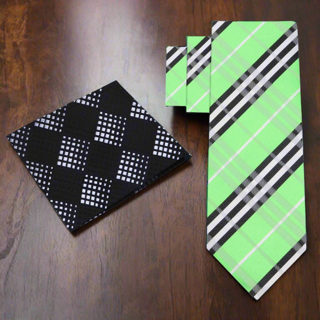 Close-up of the green plaid silk necktie showcasing its vibrant colors and texture.