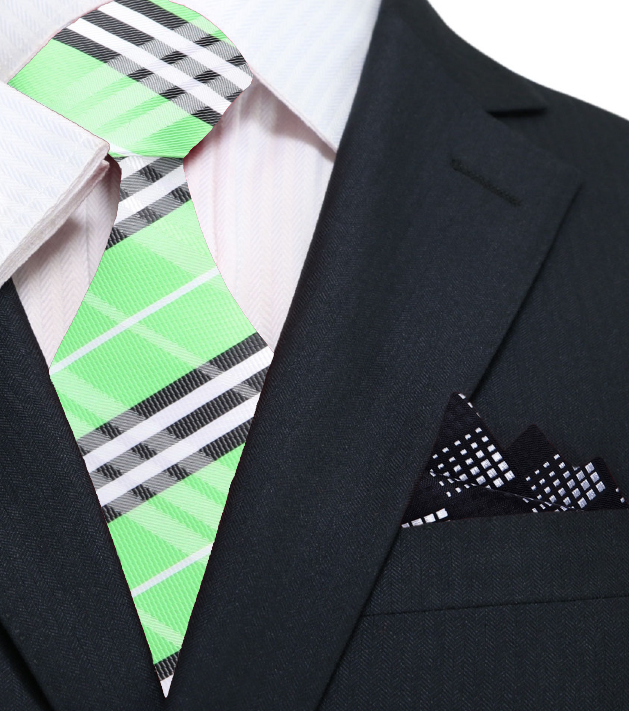 Model wearing the green plaid necktie with a white dress shirt at a wedding.