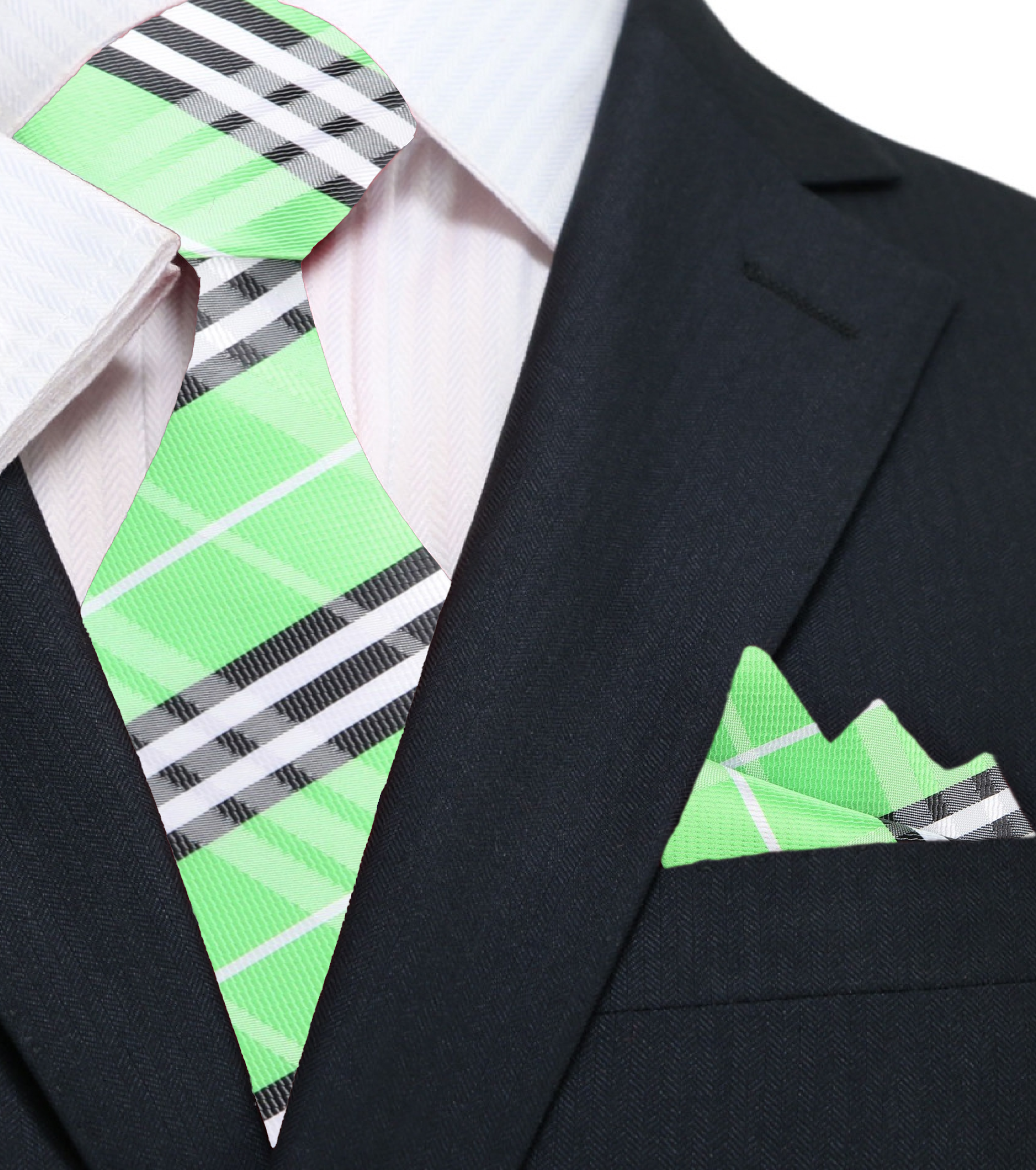 Green plaid silk necktie displayed on a suit jacket, highlighting its elegant design.