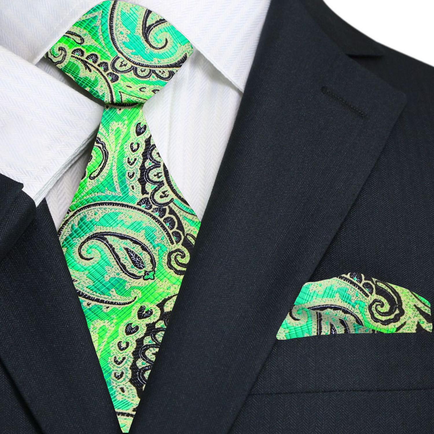 Man wearing the green paisley necktie with a white dress shirt at a networking event
