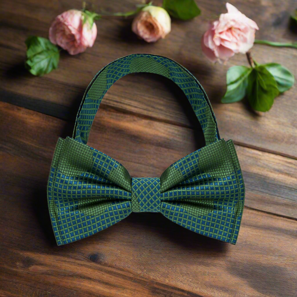 Elegant silk polka dot bow tie in green and blue, front view