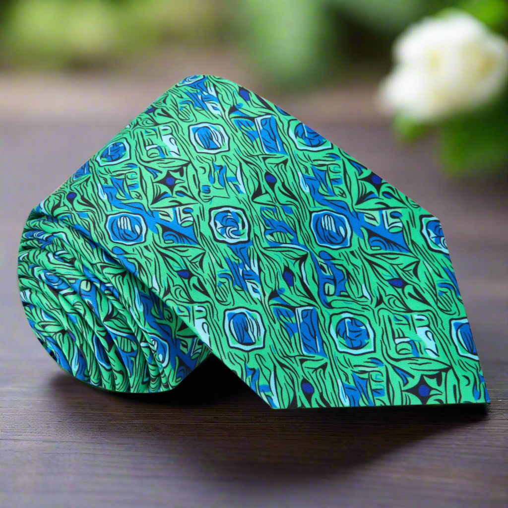 Close-up of the abstract pattern on the silk tie in green and blue shades