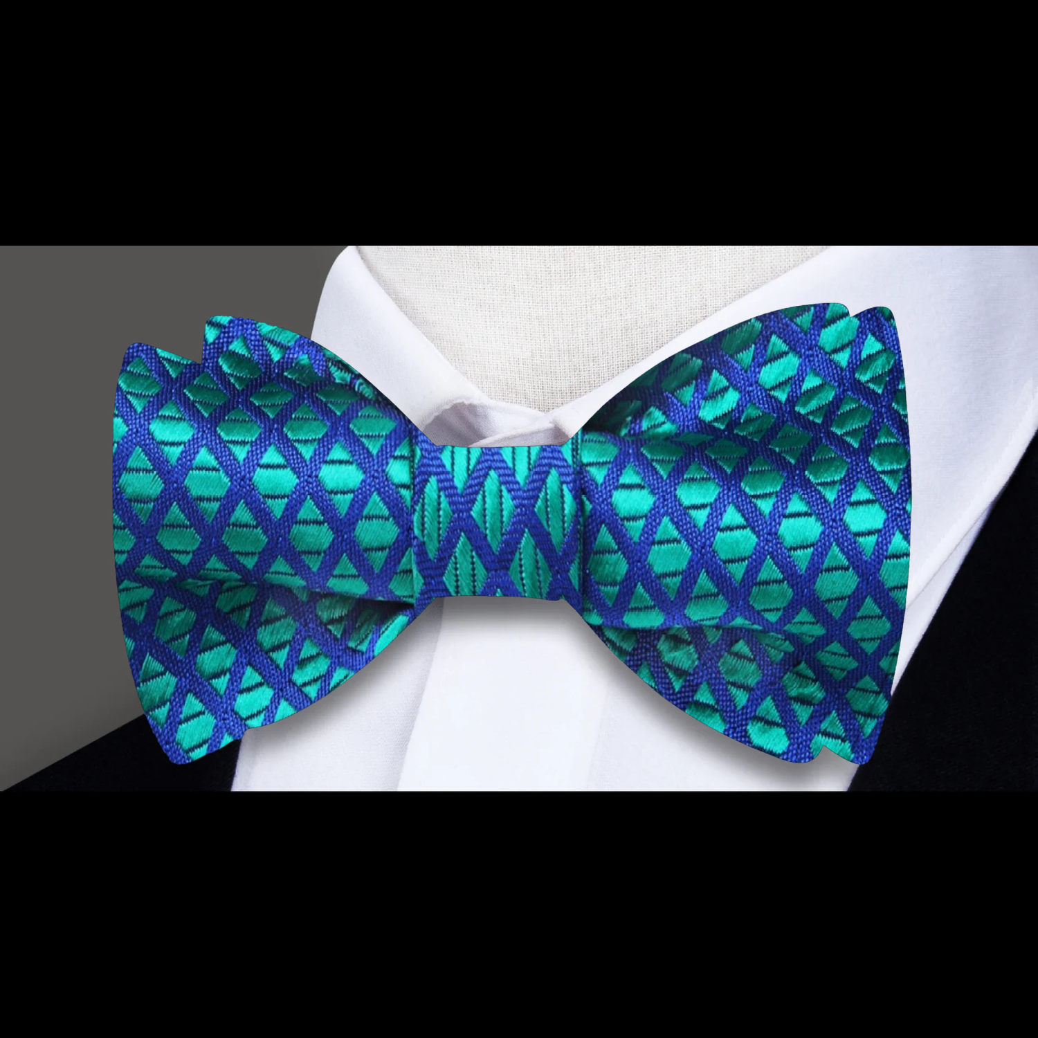 Front view of a stylish small check silk bow tie in teal for formal occasions