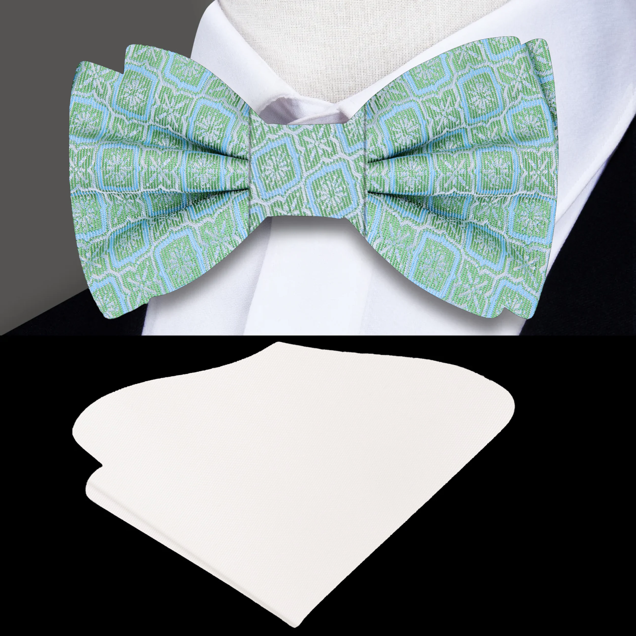 Close-up of the vibrant geometric silk bow tie showcasing the intricate pattern and colors.