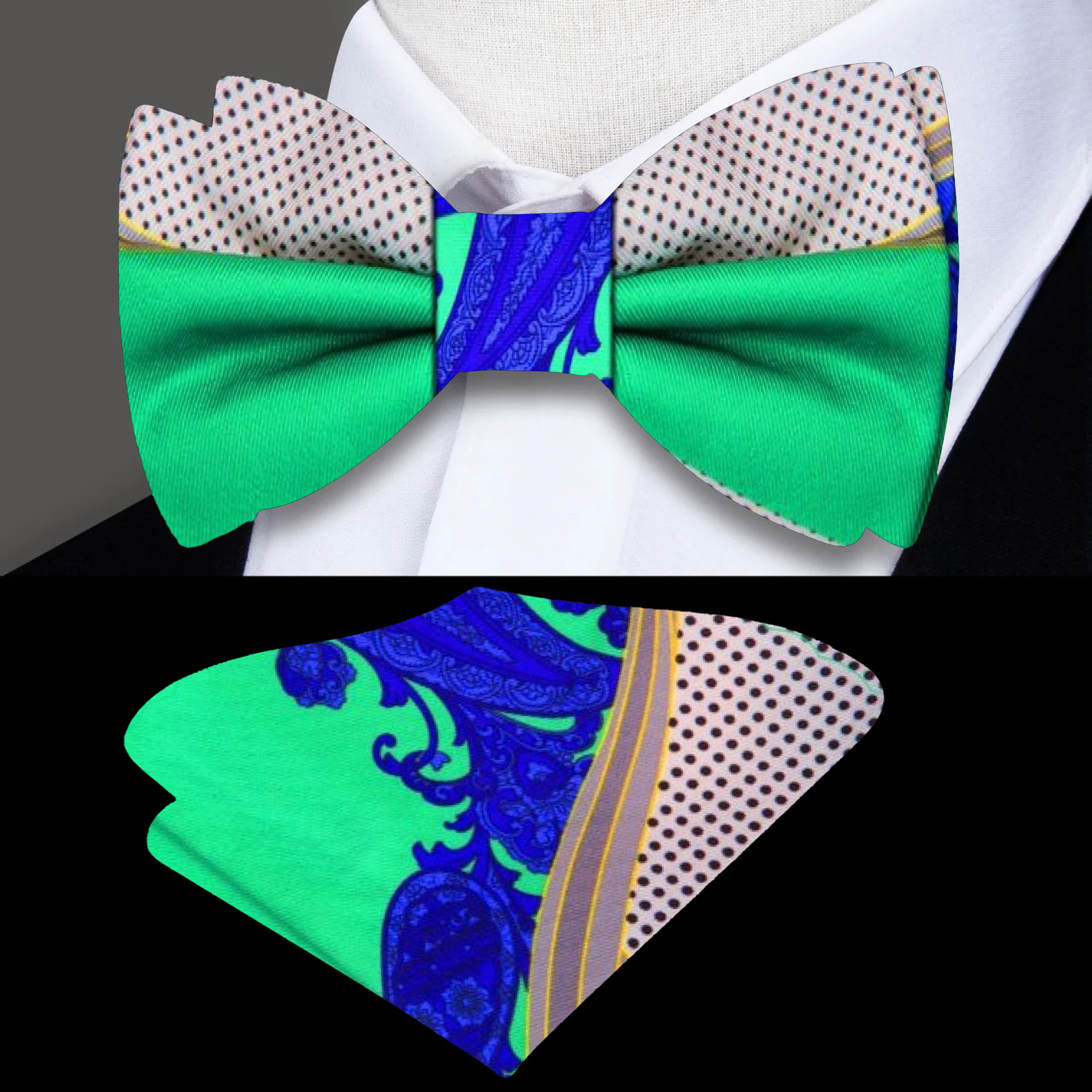 Vibrant neon paisley bow tie displayed against a solid white shirt.