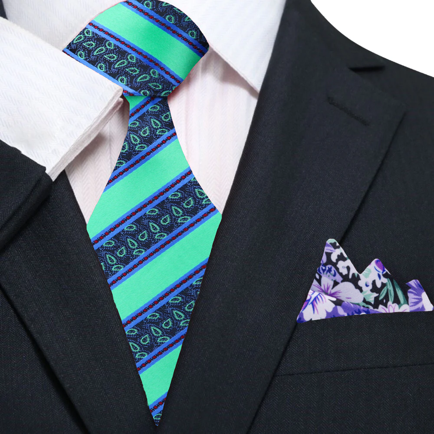 Galway necktie and pocket square combo laid flat, showcasing paisley detailing and silk texture