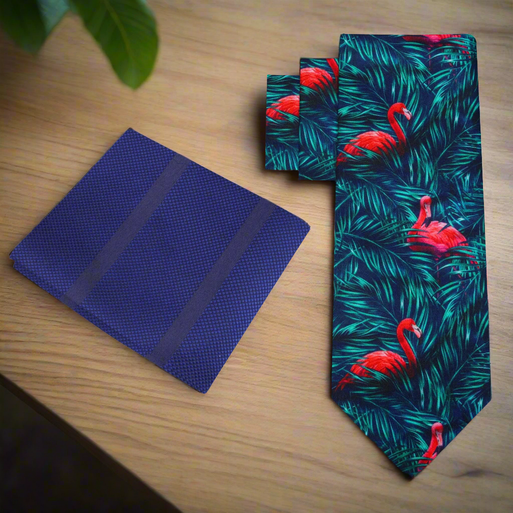 Close-up of colorful flamingo and jungle leaves silk tie for men