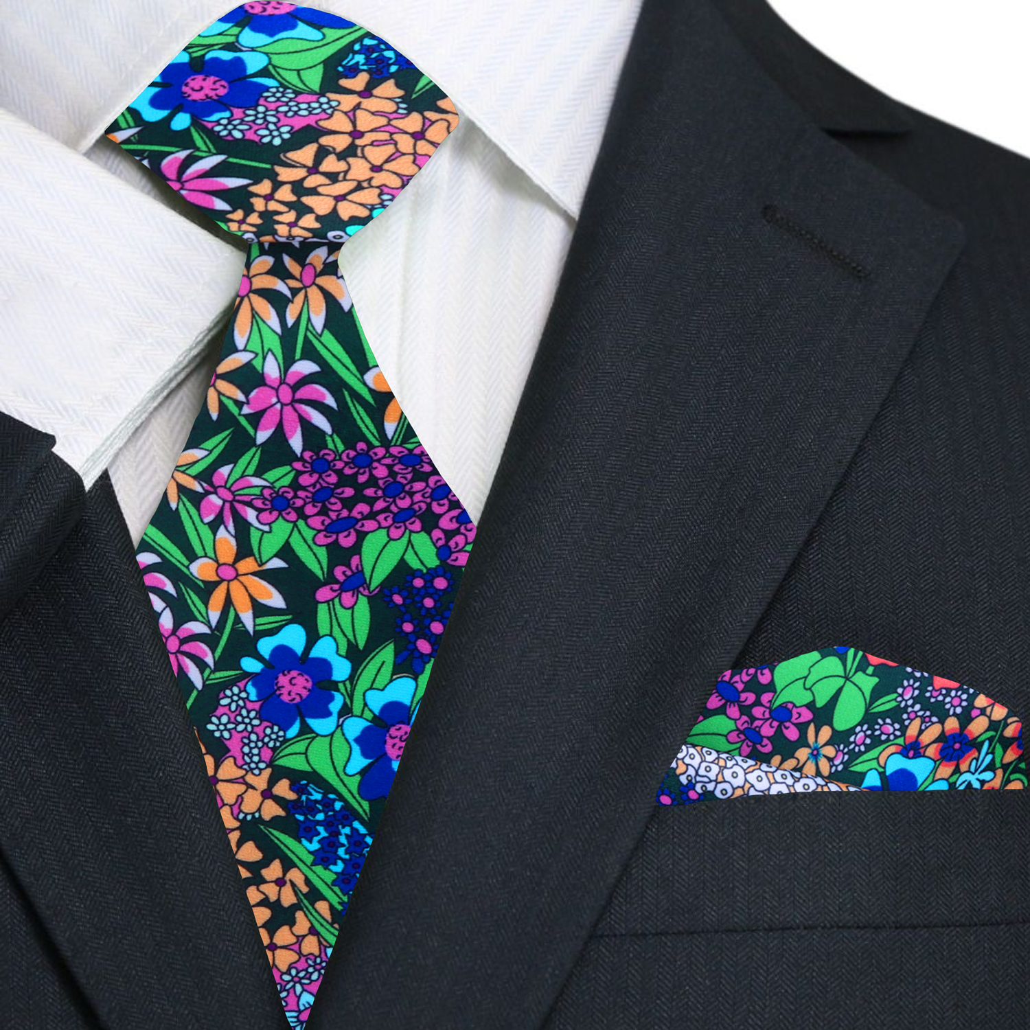 Silk floral necktie styled with navy suit for garden party