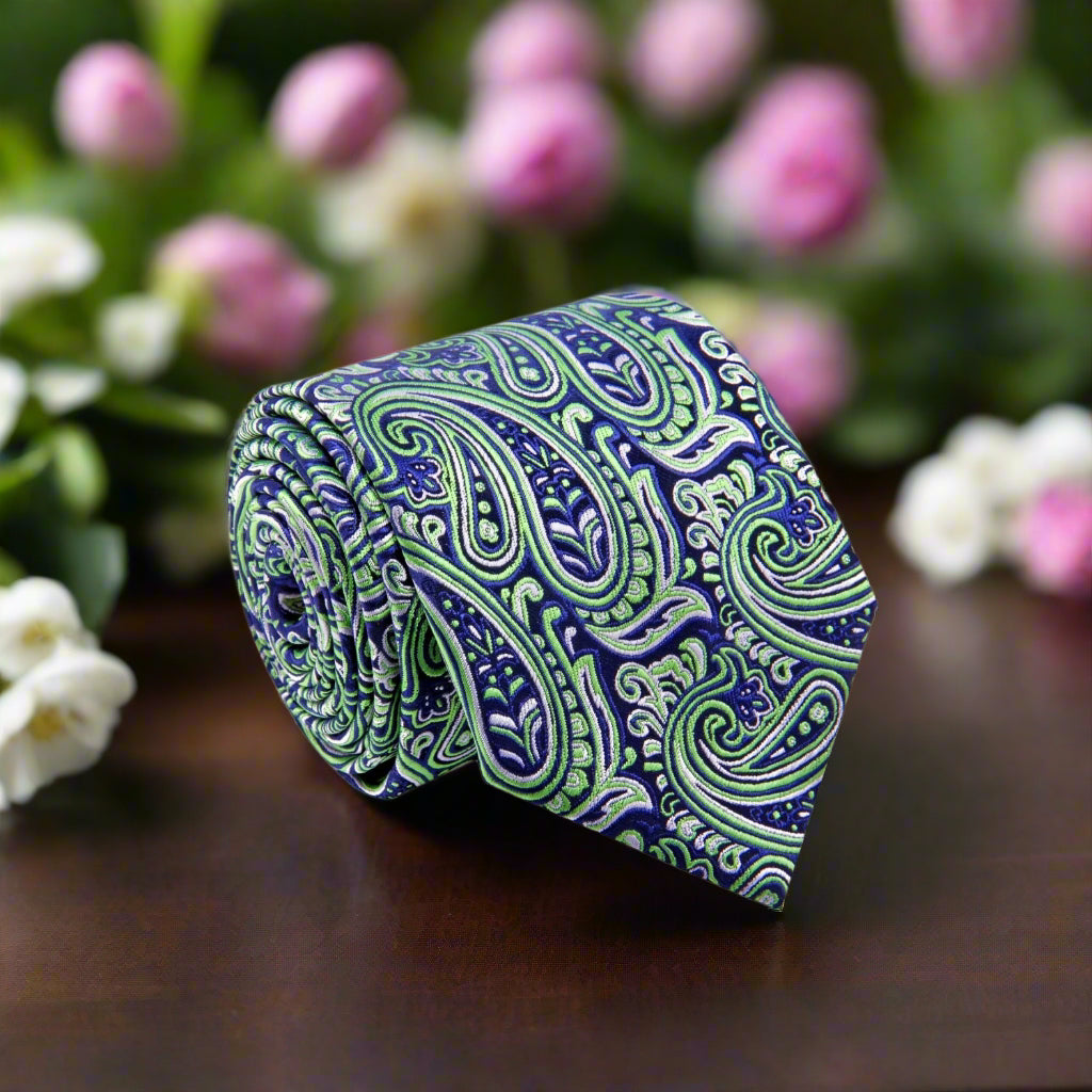 Elegant blue and green paisley silk necktie styled with a navy suit