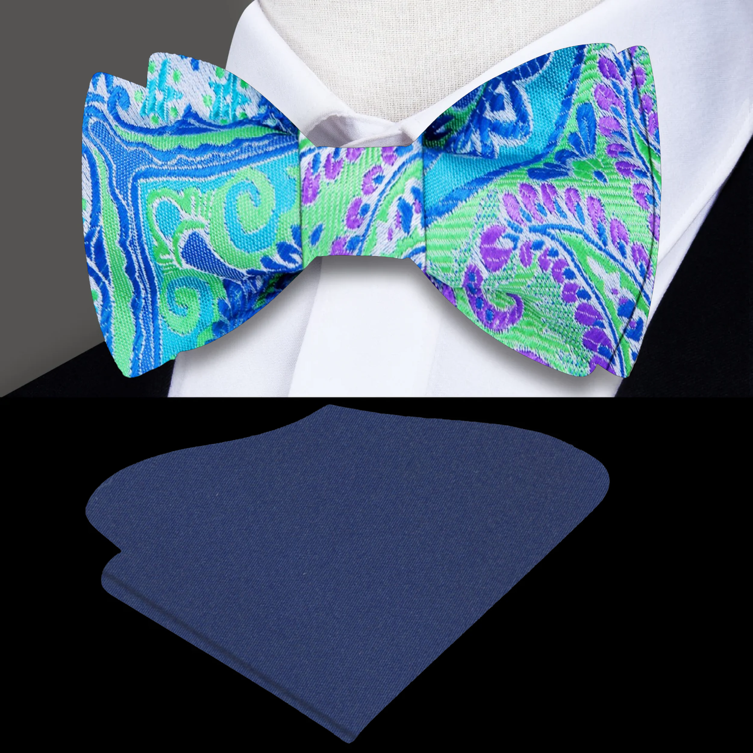 Close-up of a silk paisley bow tie with intricate pattern for formal wear