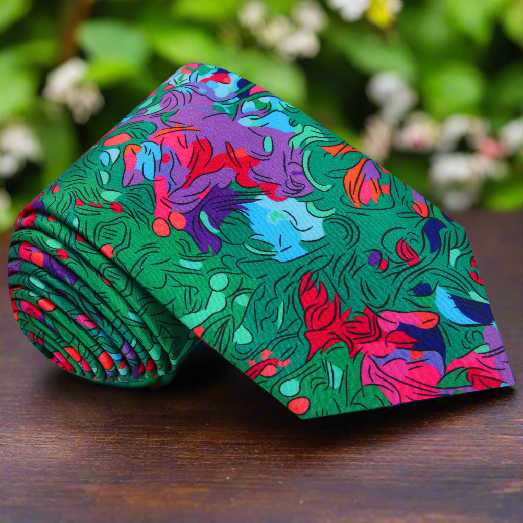 Vibrant watercolor necktie showcasing colorful abstract patterns, perfect for formal and creative occasions.