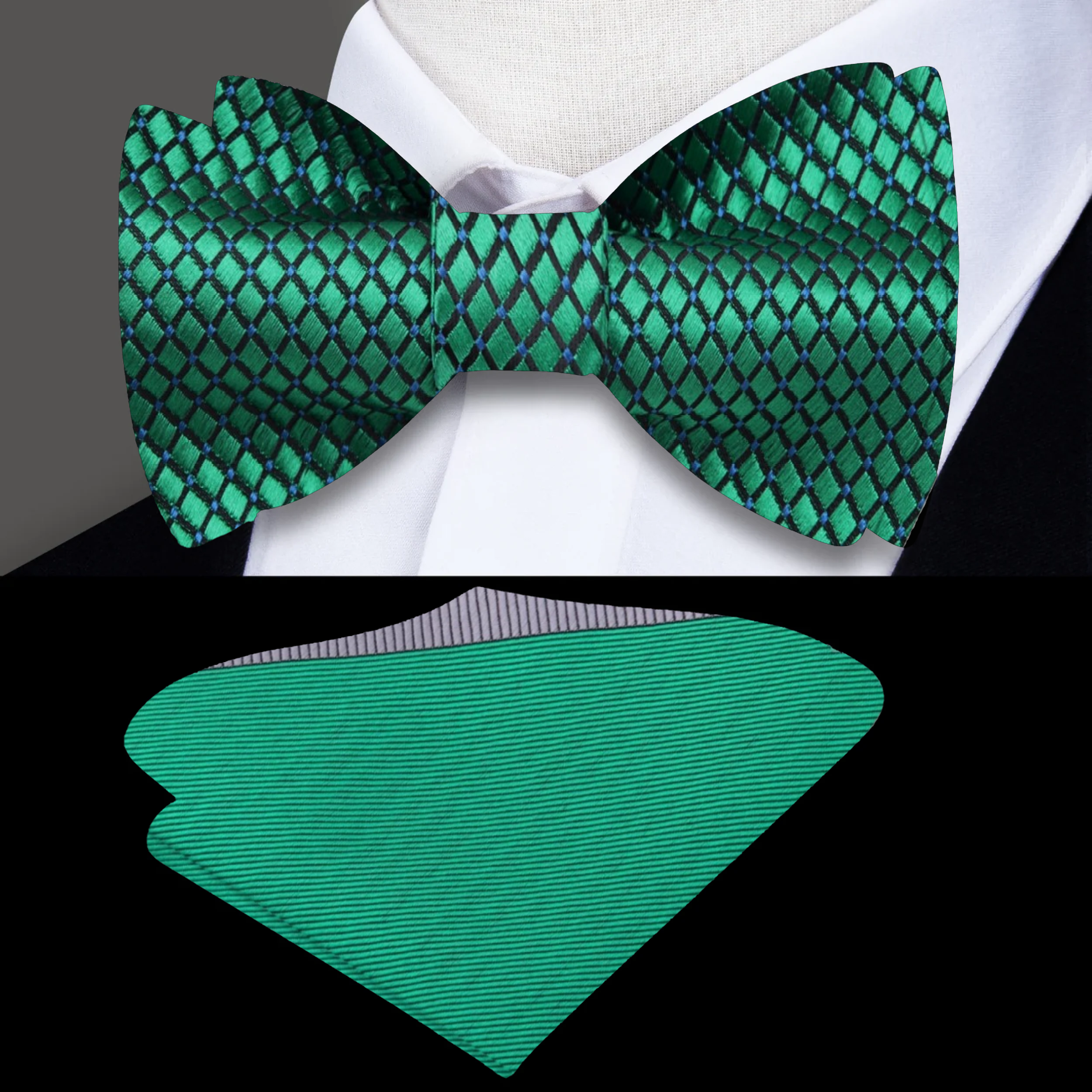 Close-up of a green small check silk bow tie paired with a blue dress shirt for a sophisticated look