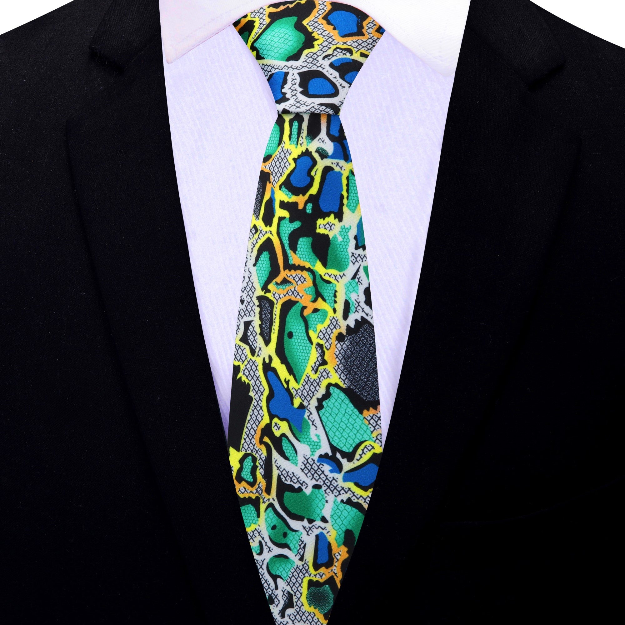 Vibrant snake skin silk tie displayed with a white dress shirt for formal wear