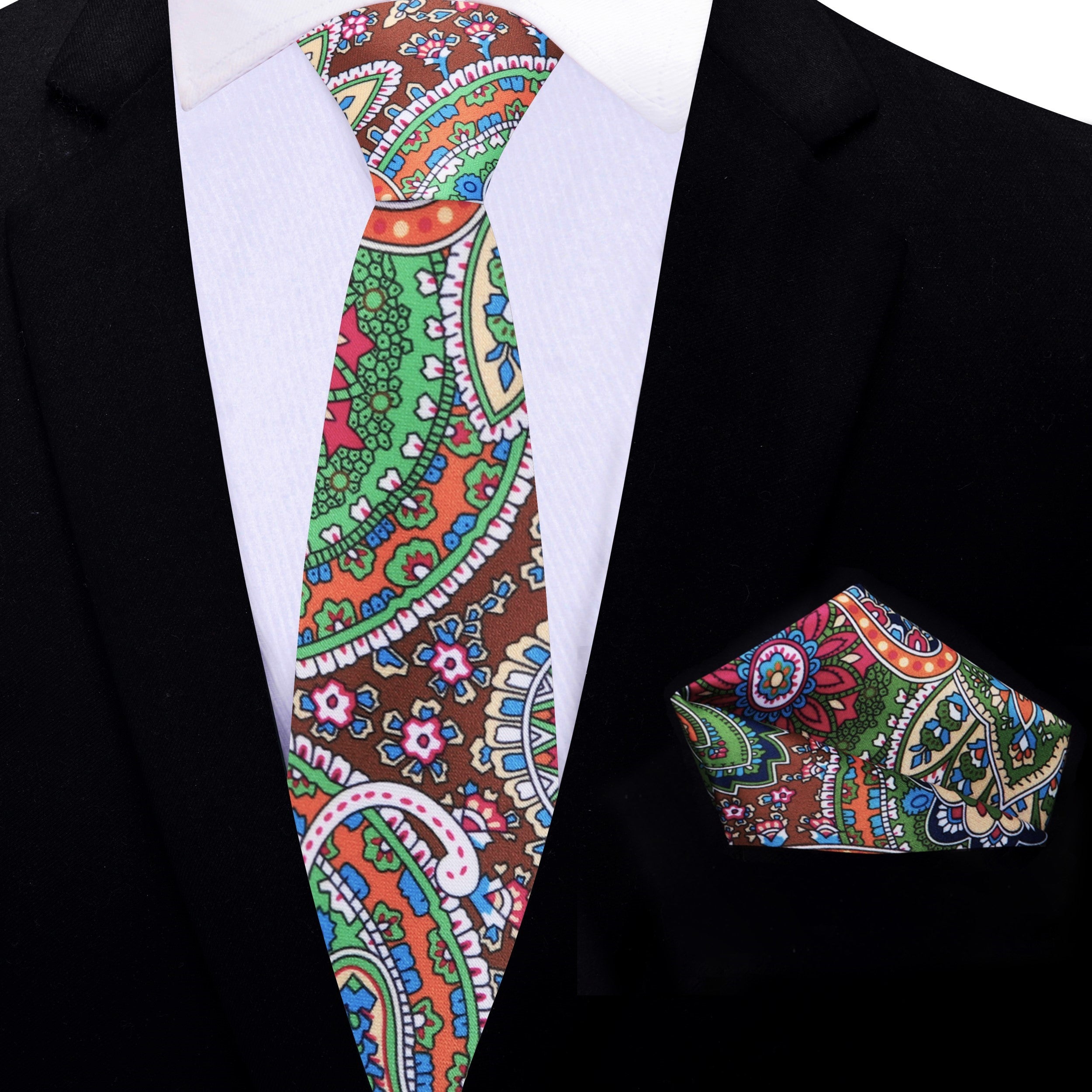 Mens silk tie with intricate paisley pattern styled with a suit