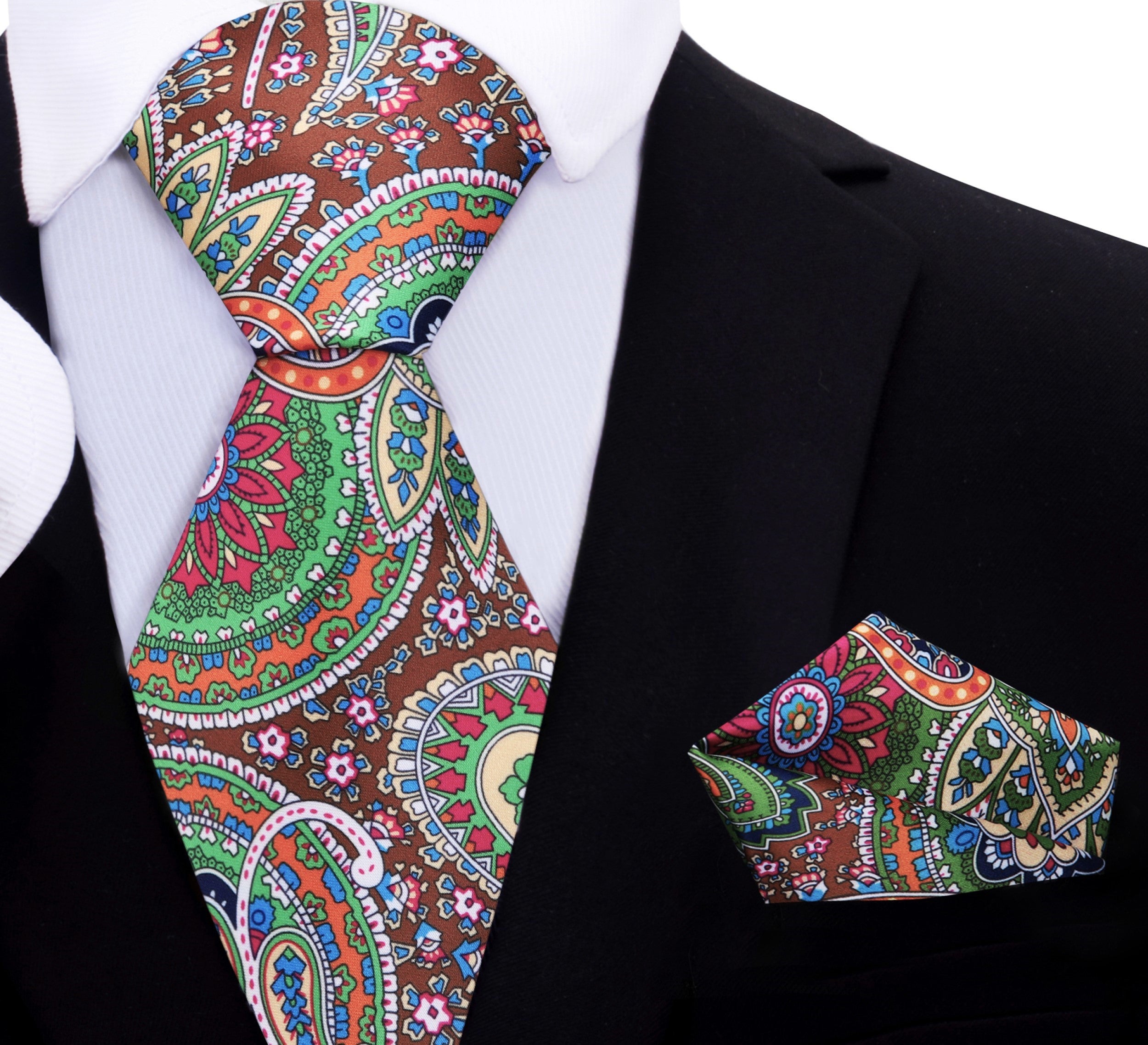 Vibrant paisley silk tie in brown, blue, and green colors perfect for formal occasions